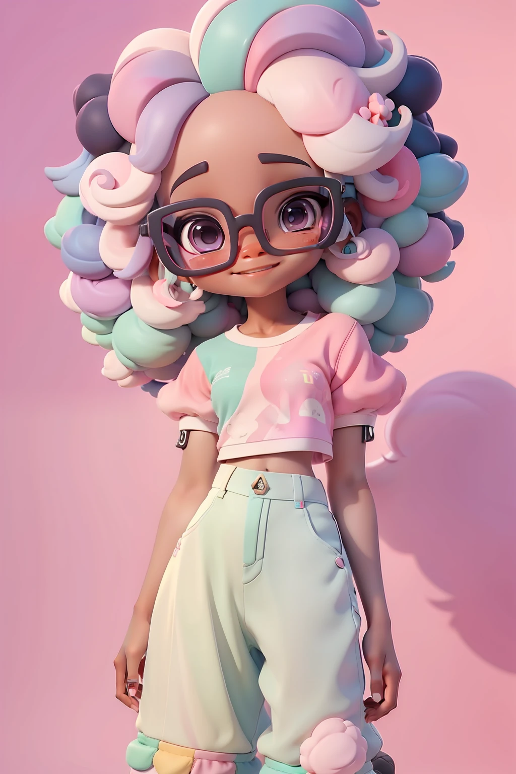 Loli negra multicolorida, Fofa, romantic nerd style, delicate and elegant glasses, moleton, capuz, Camiseta, Pants, tons pastel multicolor, sorriso meigo e delicado, corpo inteiro, olhos delicados e cabelos afro preso multicolor, fundo simples e branco