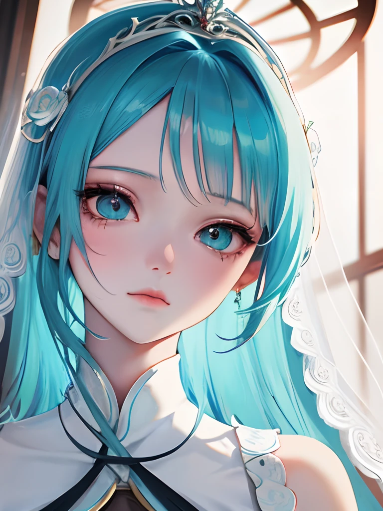 Anime girl with blue hair and white dress,, anime goddess, Detailed Digital Anime Art, Beautiful anime girl, beautiful anime woman, beautiful alluring anime woman, anime style 4 k, Anime girl with teal hair,With a white veil，Chinese-style clothing,White flared skirt，Lolita，ssmile,((A detailed face)),ornate,Bewitching,GenshinImpact,brightly lit room