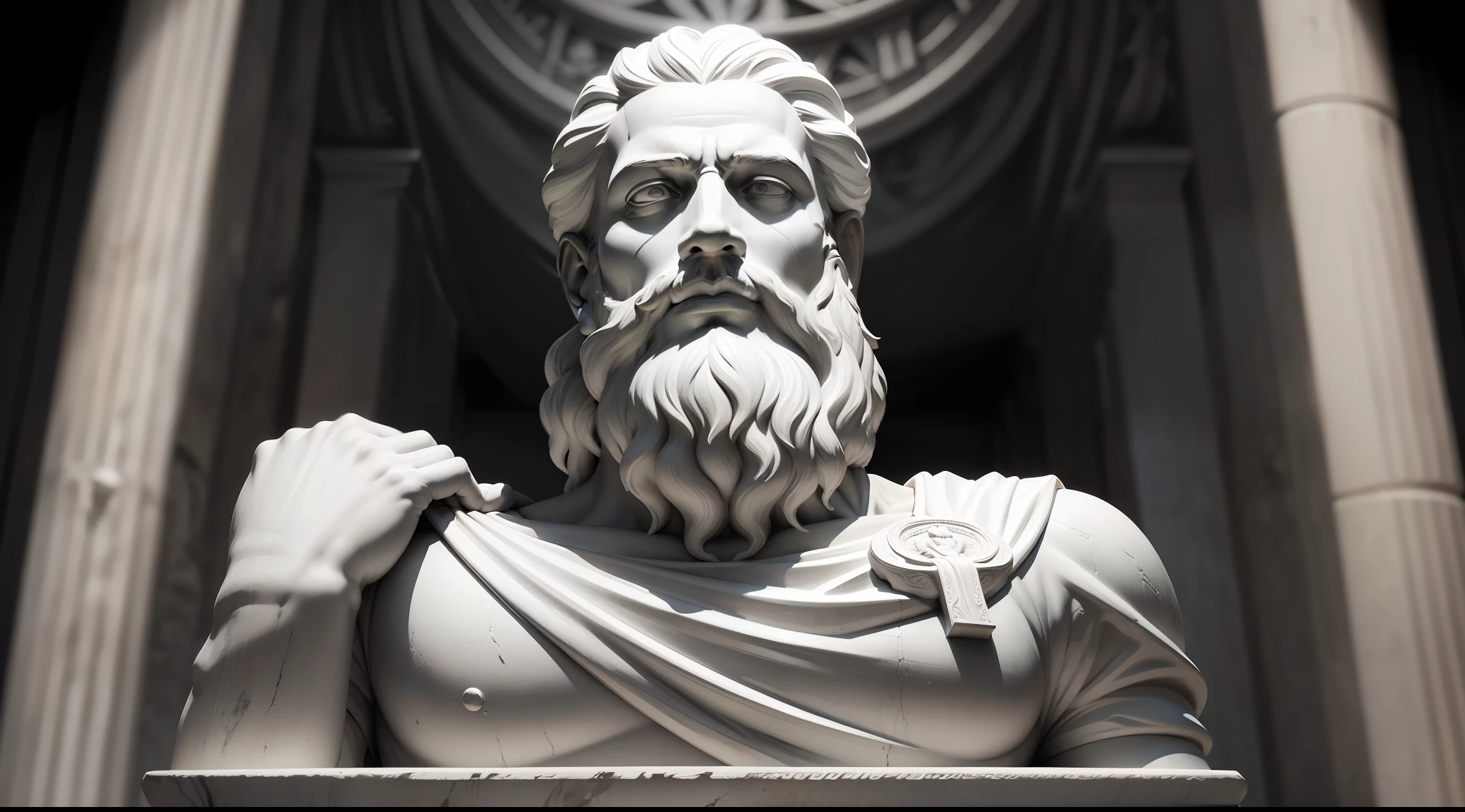 a black and white photo of a statue of a man with a beard, philosopher, estoicismo, zeno, inspirado em zeno, o grego, por zeno, o grego, atitude estoica, divina e estoica, portrait of aristotle, philosophical, filosopia, an ancient greek statue, pose estoica, platao