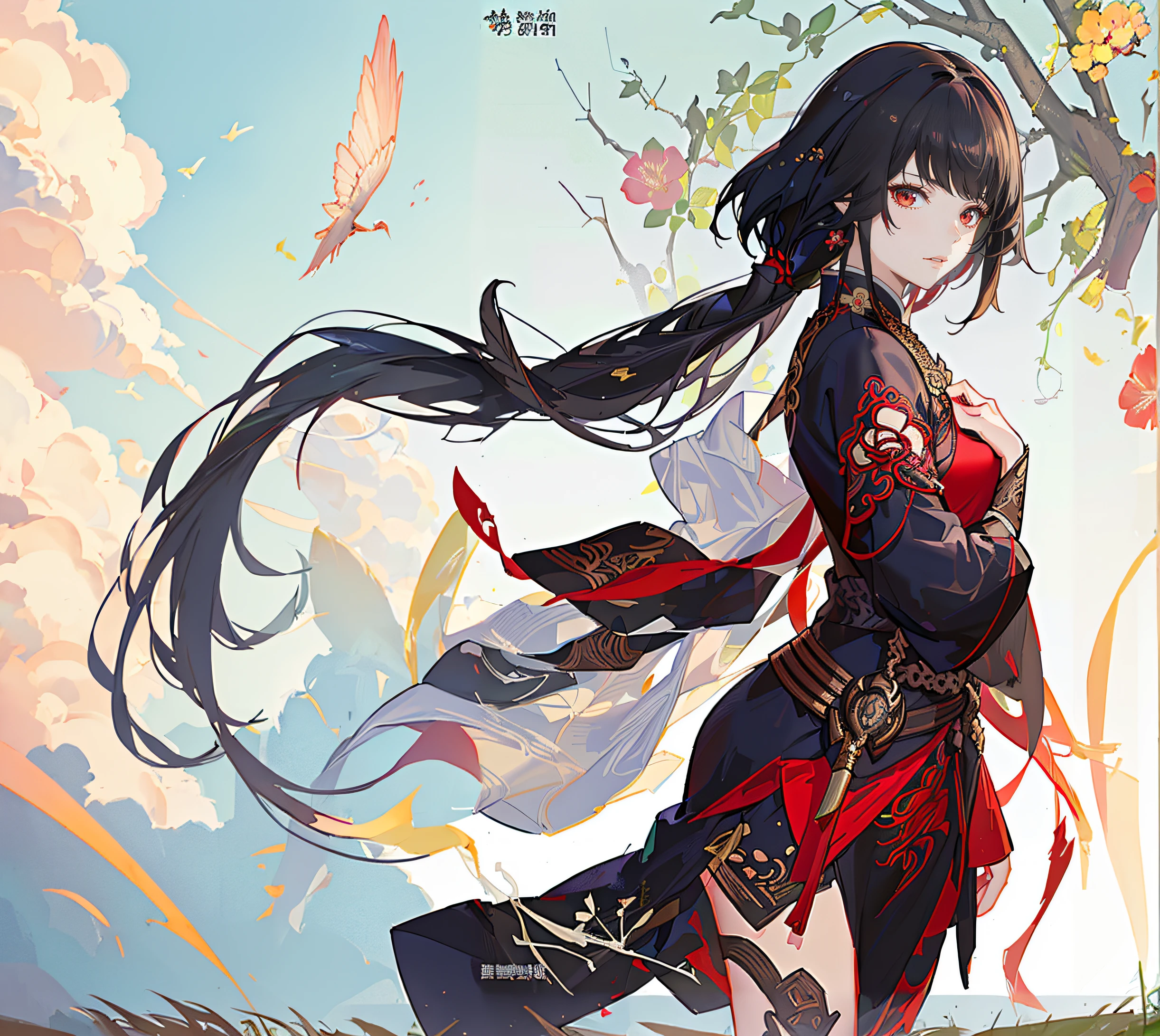 long whitr hair，Long fluttering skirt，grassy fields，Skysky
