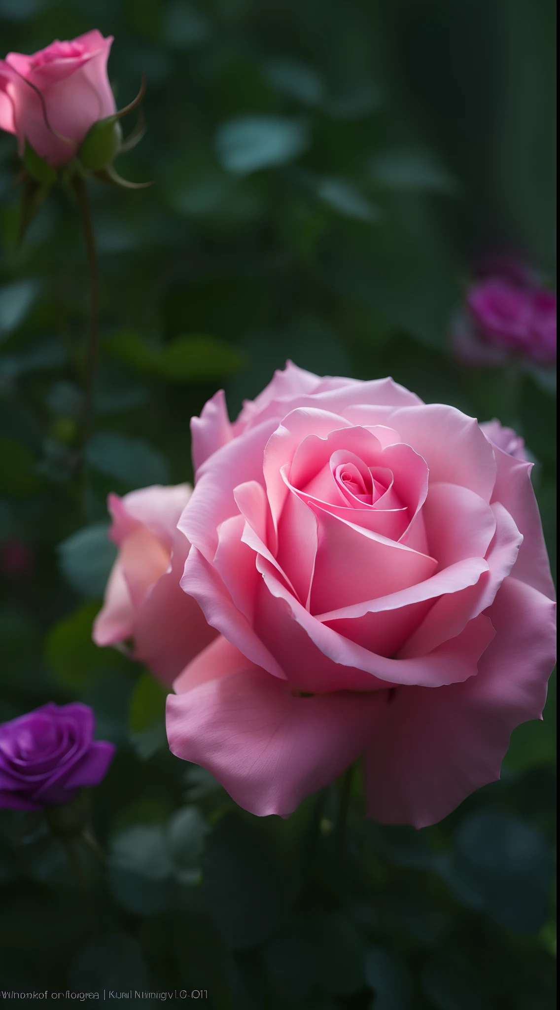 A pink rose grows among the bushes in the garden, Pink rose, roses in cinematic light, pink rosa, rose twining, photo of a rose, anna nikonova, with soft pink colors, photo taken with canon 5d, soft light 4 k in pink, taken with a pentax k1000, Incredibly beautiful, melanchonic rose soft light