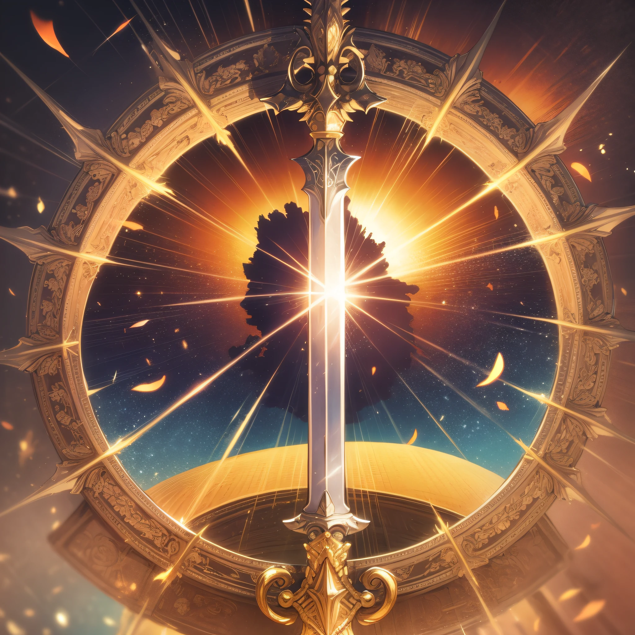 a legendary artifact blade of the sun, rising sun behind sword, close-up of sword