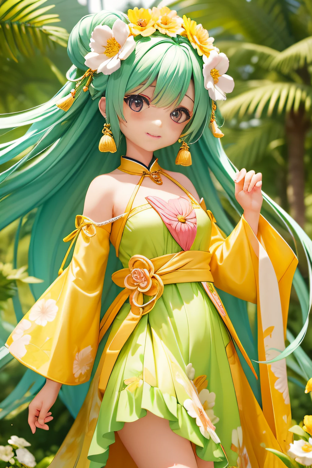 Natural forest in the background,The flower god has a hot and sexy body, two-dimensional, bright and brilliant, super cute face, rich flower