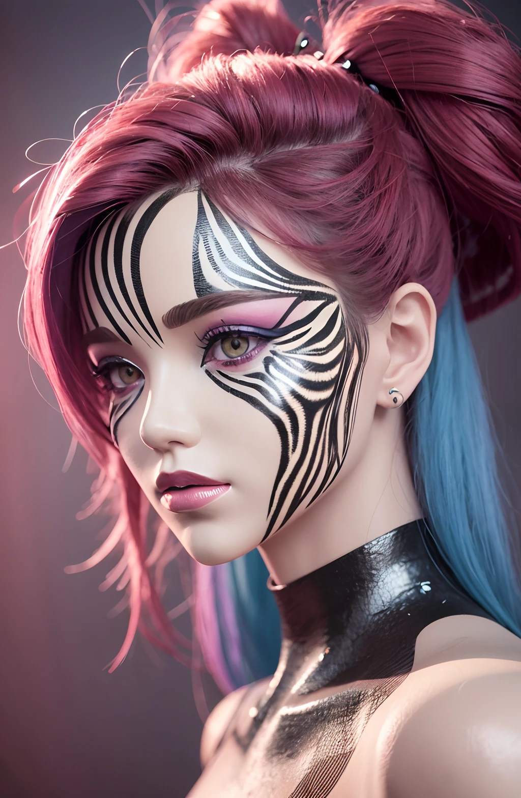 Photorealistic zebra print on a mannequin head and body with a red background, symmetrical painted face, airbrush digital art, trend on behance 3d art, trend on behance 3 d art, blue holographic face, painted face, 3d digital art 4k, glossy digital painting, hyperrealistic digital painting, 3d abstract render overlayed, digital airbrush painting --auto --s2