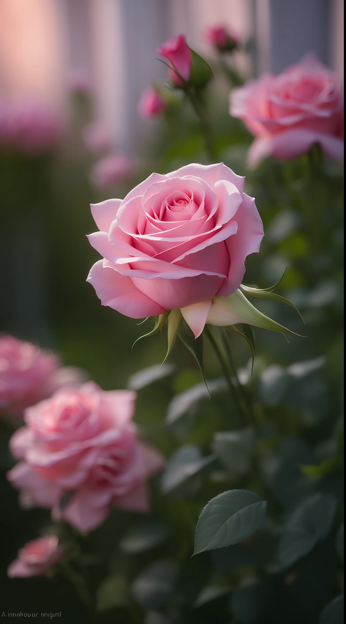 A pink rose grows among the bushes in the garden, Pink rose, roses in cinematic light, pink rosa, rose twining, photo of a rose, anna nikonova, with soft pink colors, photo taken with canon 5d, soft light 4 k in pink, taken with a pentax k1000, Incredibly beautiful, melanchonic rose soft light