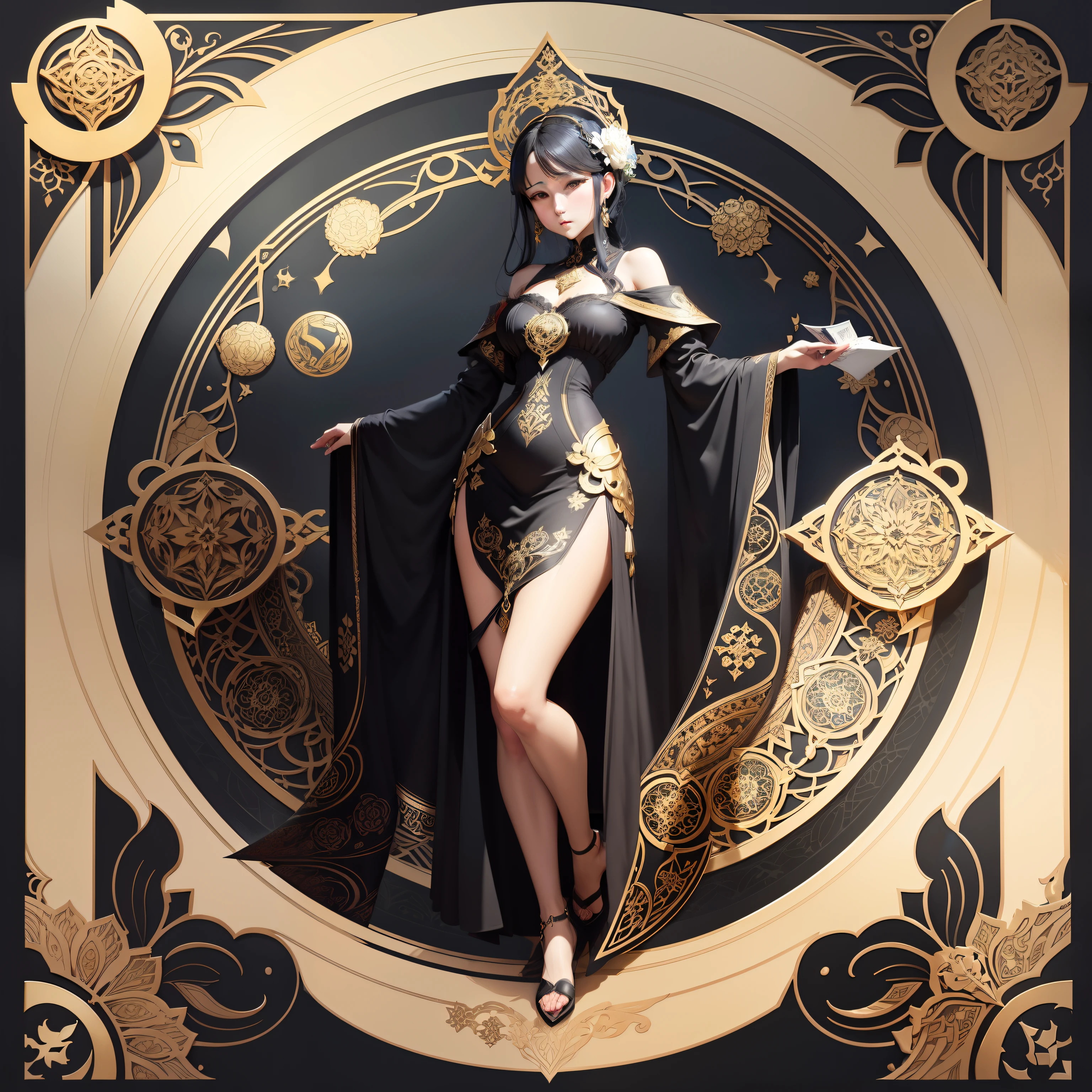 a person，Art Nouveau card game frame in arabesque style，black in color，Mandala pattern gold leaf decoration。