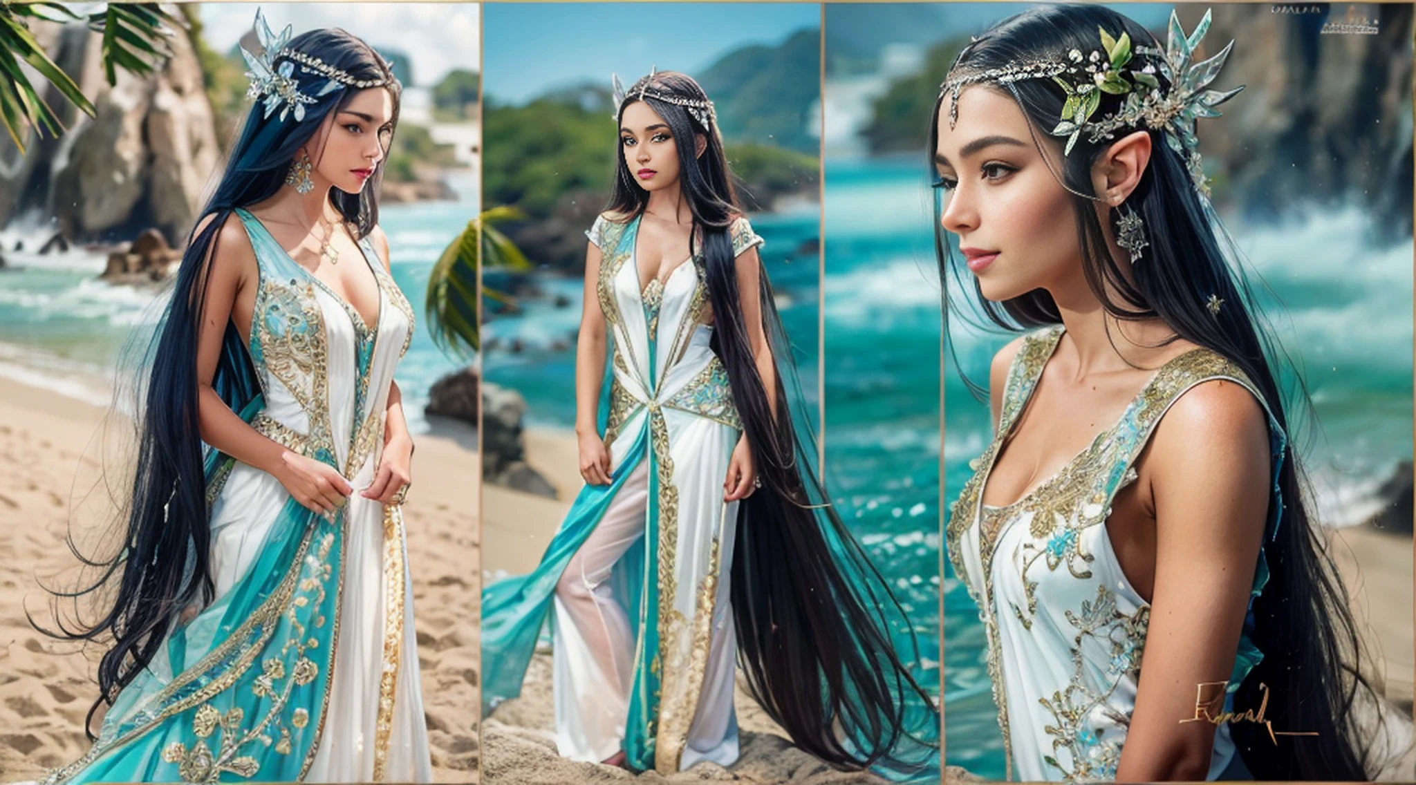 Apenas 1 mulher arafed em um vestido azul claro com uma cachoeira no fundo, corpo inteiro, muito bonito Top model do Rio de Janeiro, Handsome elven character with smile, Elven princess with long black hair, beautiful elven princess, Elven Queen Galadriel, cosplay realista, Imperatriz de cabelo preto longo, Rio de Janeiro, costume photo shoot, elfo feminino bonito e elegante