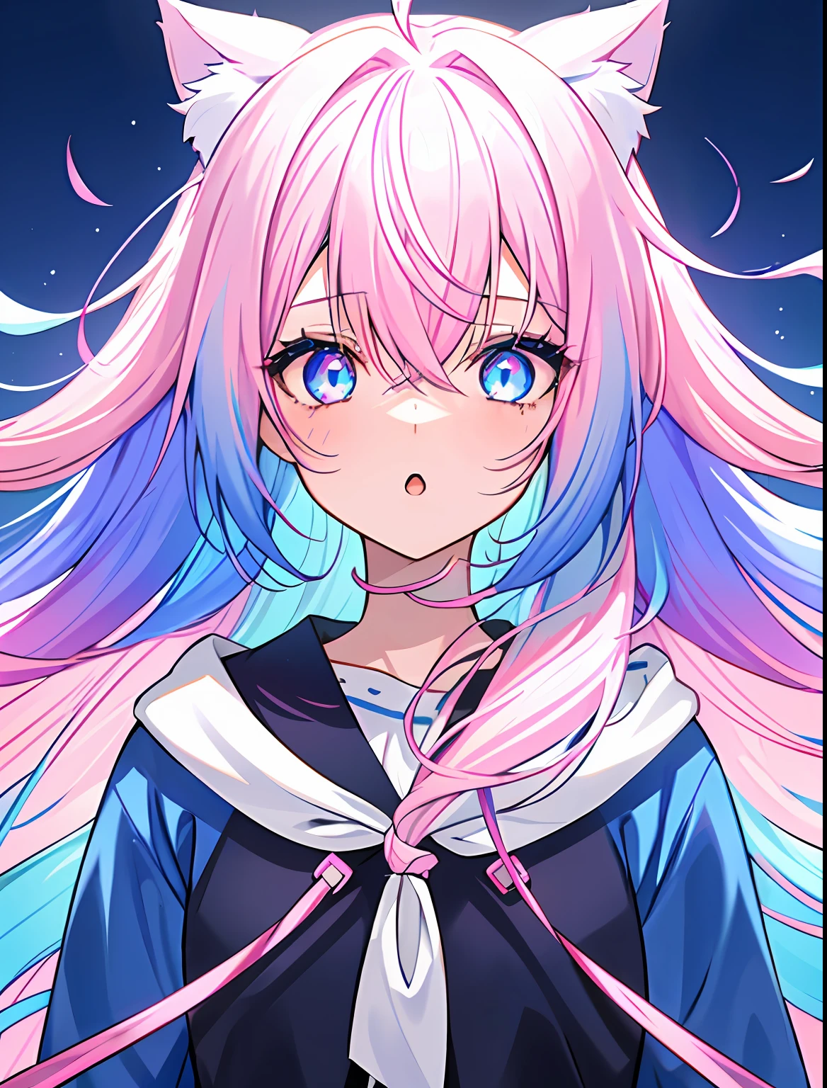 1girl, solo, cat ears, multicolored hair, ((gradient hair), white+(blue)+(pink:0.5) hair//), very long hair, messy hair, bangs, ahoge, ((gradient eyes), pink+light_blue eyes//), slit pupils, glowing eyes, 1fang,
:o,
white sweater,, masterpiece, best quality,