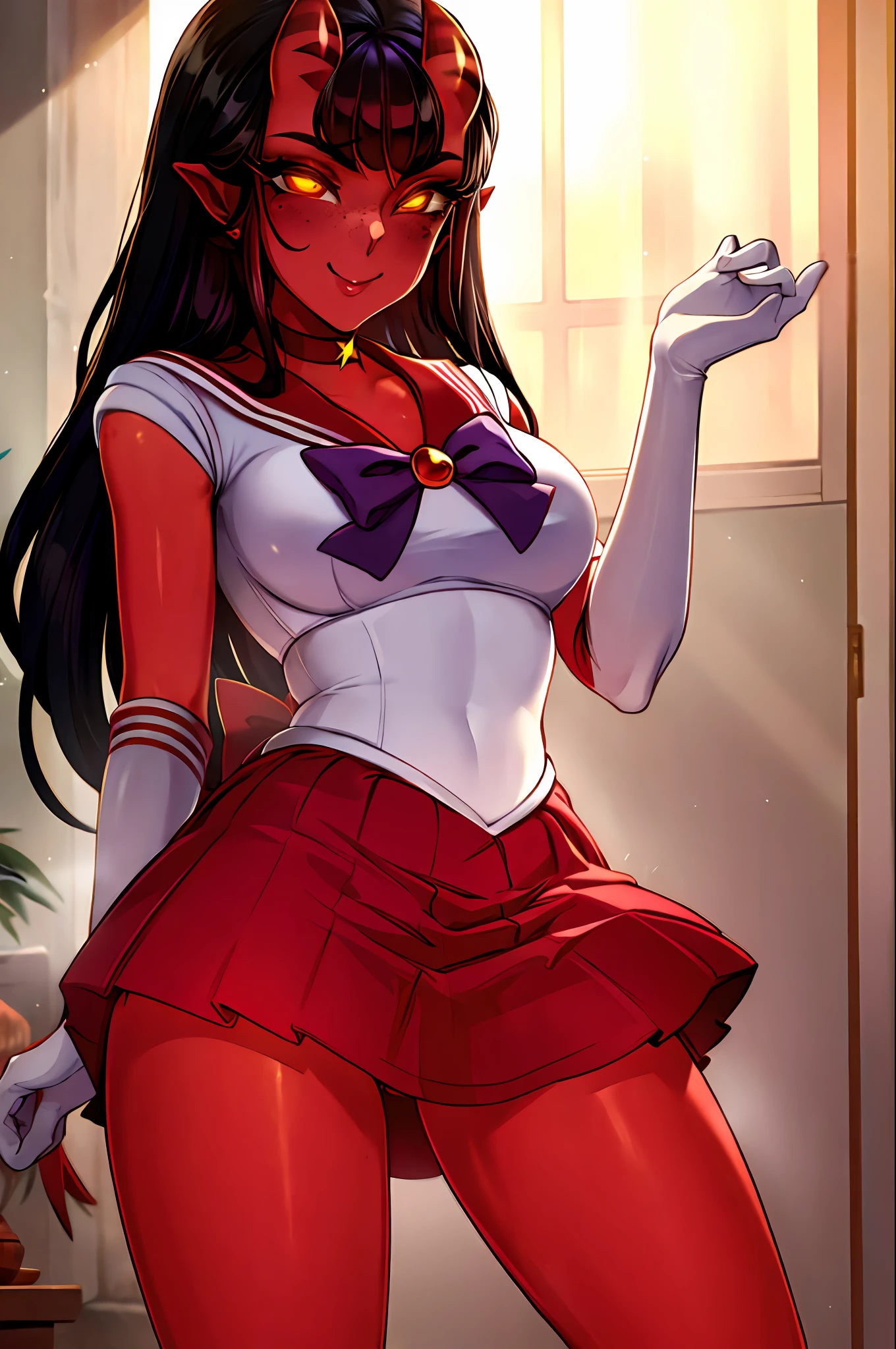 masterpiece, best quality, highres, sama1, tiara, skirt, sailor senshi uniform, white gloves, red sailor collar, red skirt, star choker, elbow gloves, pleated skirt, bare legs, purple bow, cowboy shot, standing, smile, moon, city a beautiful and detailed image of meru , merunyaa,(red skin:1.3), horns,clothed,(freckles), backlighting, yellow eyes,smile,