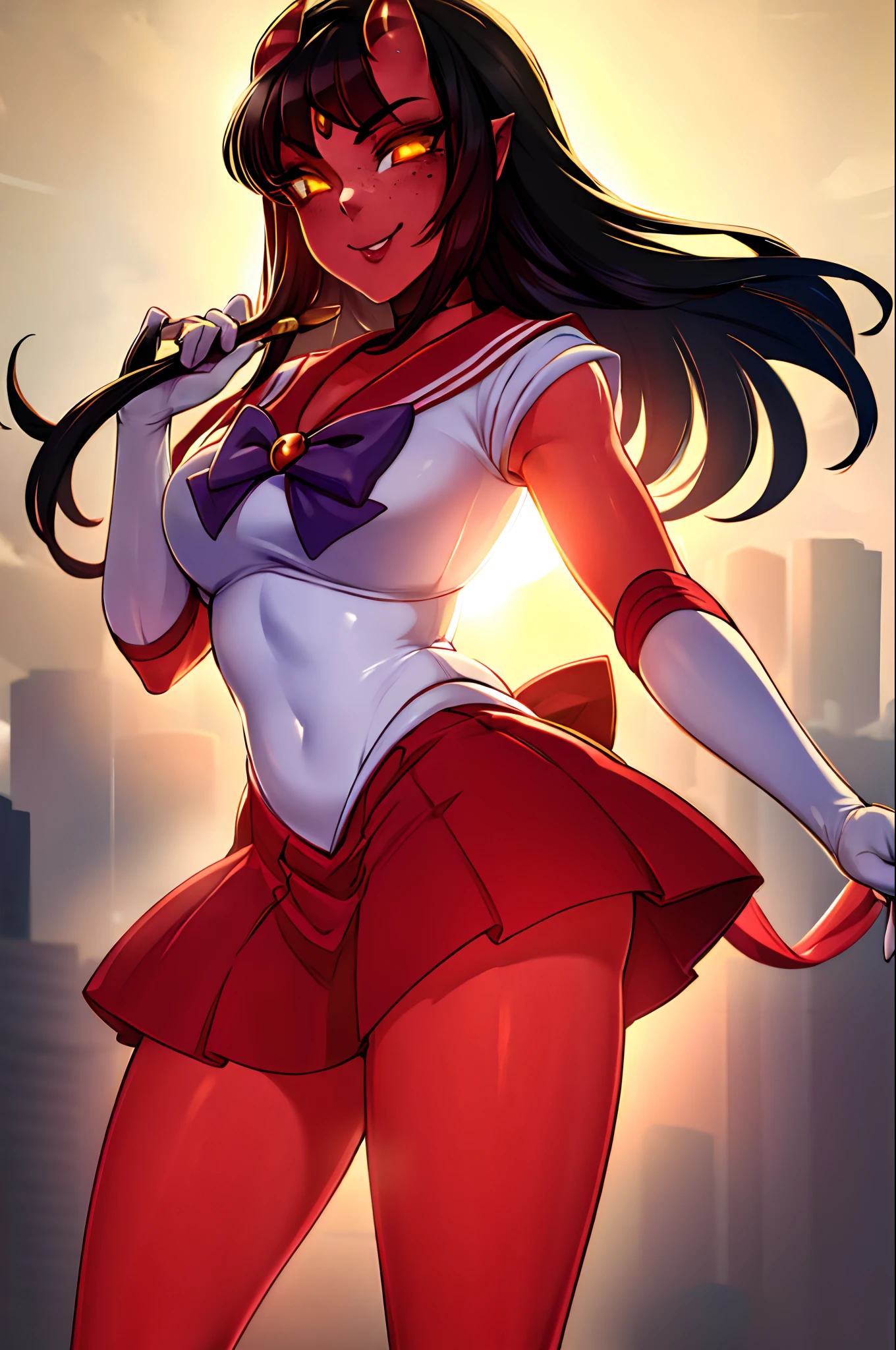 masterpiece, best quality, highres, sama1, tiara, skirt, sailor senshi uniform, white gloves, red sailor collar, red skirt, star choker, elbow gloves, pleated skirt, bare legs, purple bow, cowboy shot, standing, smile, moon, city a beautiful and detailed image of meru , merunyaa,(red skin:1.3), horns,clothed,(freckles), backlighting, yellow eyes,smile,