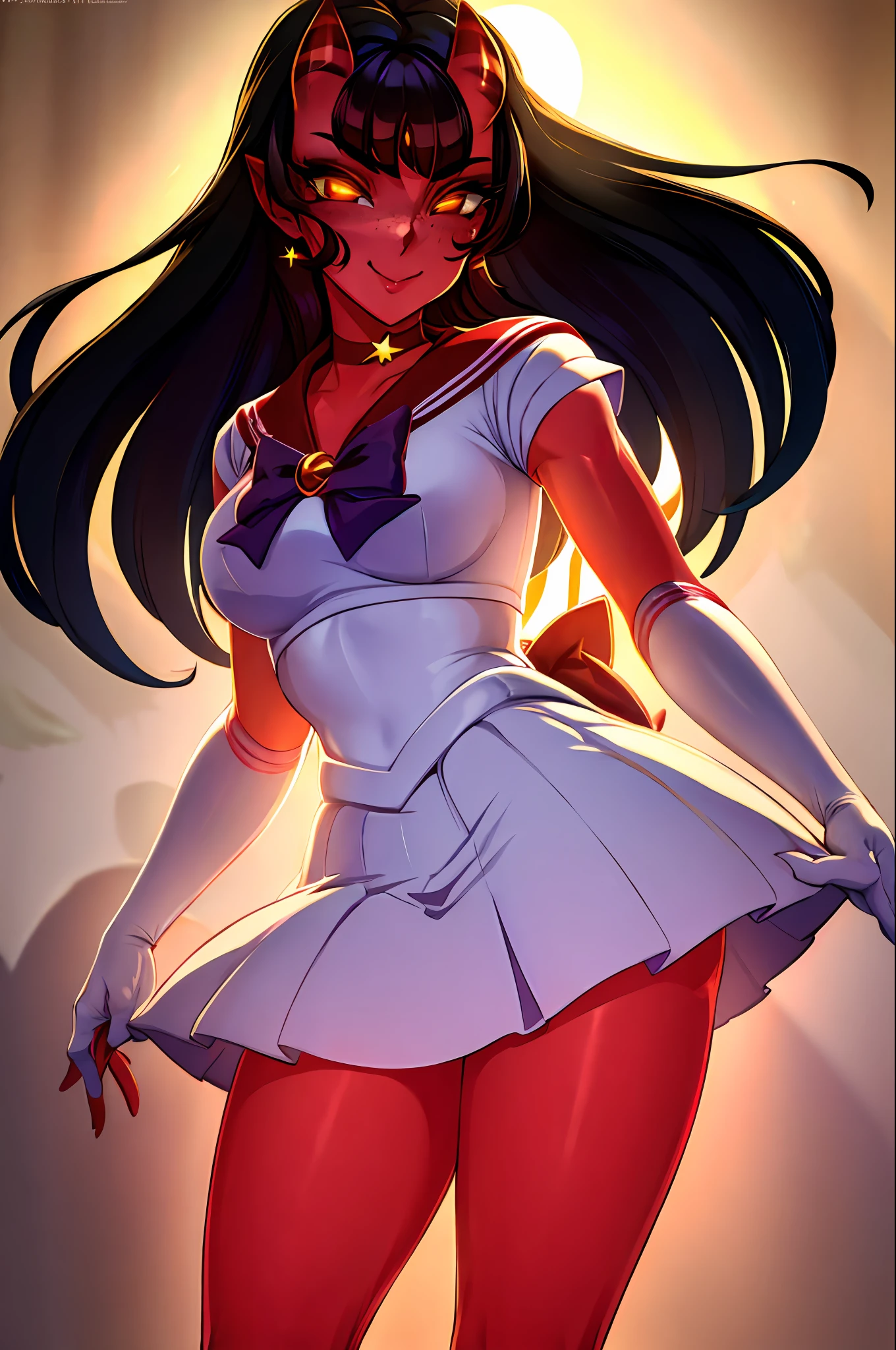 masterpiece, best quality, highres, sama1, tiara, skirt, sailor senshi uniform, white gloves, red sailor collar, red skirt, star choker, elbow gloves, pleated skirt, bare legs, purple bow, cowboy shot, standing, smile, moon, city a beautiful and detailed image of meru , merunyaa,(red skin:1.3), horns,clothed,(freckles), backlighting, yellow eyes,smile,