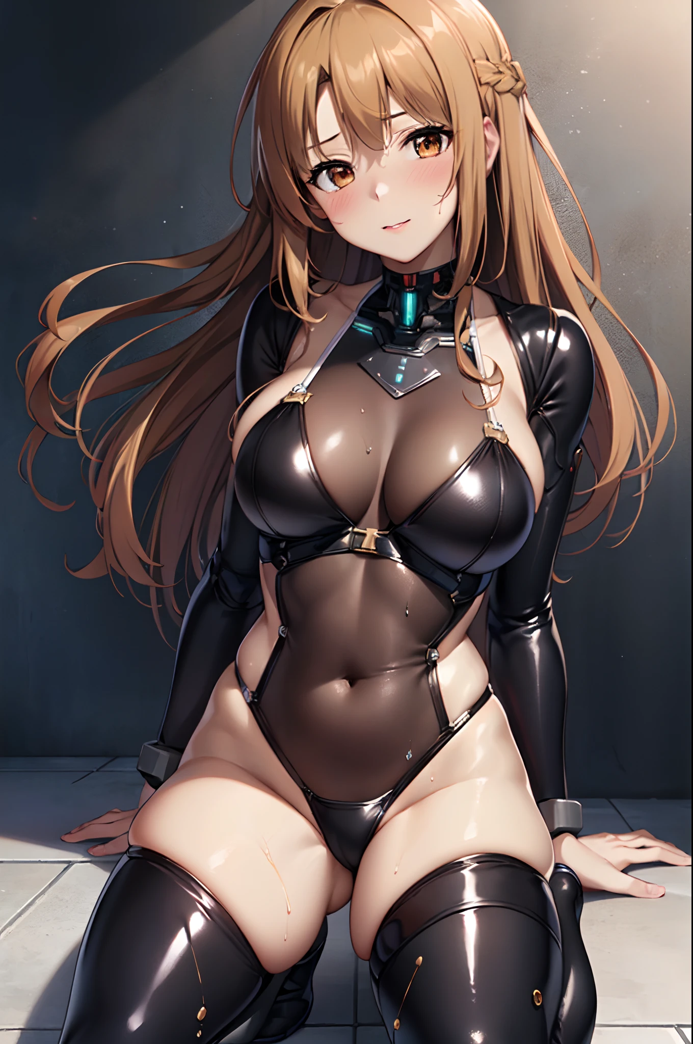 Official art、(Highly detailed CG Unity 8K:1.5),Perfect litthing,colourfull,Bright Front face Illuminating,(Skindentation),
(Master Pieces:1.5), (best_quality:1.3), Super Hi-Vision, super detailing,Seductive smile,(Kneeling:1.3),(White ribbon on head:1.5),
Photo Shot,hight resolution,(absurderes:1.2),Kodak Portra 400,film grains,Background blur,(lensflare:1.2),(vivd colour:1.2),
(cowboys_shot:1.4),(dark orange hair:1.5),(dark brown hair:1.5),during daytime,Sunsight,(Asuna),(Asuna Yuki),
(Orange Eyes:1.2),Parted bangs beautiful breasts,length hair,hugetits,(Solo:1.5),(neat figure:1.5),(Future Female Warrior:1.4),
(a 1 girl:1.5),18year old,High school students,Beautiful Finger、beautiful long leg、Beautiful body,Beautiful nose,Beautiful character design,Perfect eyes,face perfect,a navel,Beautiful hair,Sweat,Animated, (Wet clothes,Bare legs,Exquisite cloth,beautifully detailed eyes), (Portrait),(body suit:1.3),outside of house, (impossible bodysuit, Impossible clothes:1.4), Watch Viewer, maior、(Black leather bikini:1.3), (cybersuit:1.5),(clothes shiny:1.3),(machine components:1.5), (cybernetic, urbansamurai_v0.3, AB_droid,droid,Mekaware:1.5)、
(lovly,Large breasts:1.5),(Beautiful face:1.5),(narrowwaist:1.1),delicate patterns,intricate detailes,A seductive anime girl,Beautiful fece,Beautiful charming anime teen,Smooth Anime CG Art,Beautiful anime girl,The best girls in anime,oppai,Ecchi anime style,lascivious,Exquisite cloth,delicate patterns,intricate detailes,red blush,shinny skin,oestrus,Small curved loli,beautiful alluring anime teen,photorealistic anime girl render,beautiful alluring anime woman,Soft lighting,Perfect body with realistic shading、