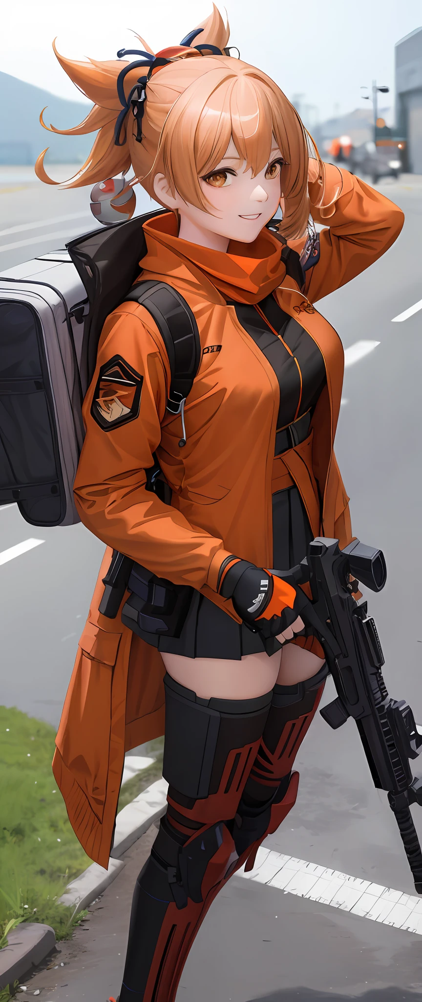 (masterpiece:1.2), (best quality:1.2), (ultra highres:1.2) ,(8k resolution:1.2),(sweet smile: 1.2),
sci-fi,girls frontline,near future,doomsday survival,
1 woman,orange hair tied ponytail , orange eyes ,
Armed with an assault rifle, Wearing a Black heavy military jacket with lots of pockets,Black stockings, yellow scarf,Waist carry military magazine,high-tech exoskeleton legs,Student uniform shirt and pleated skirt,Kneepads, Wristguards, Gloves,
KaalaOIutfit,