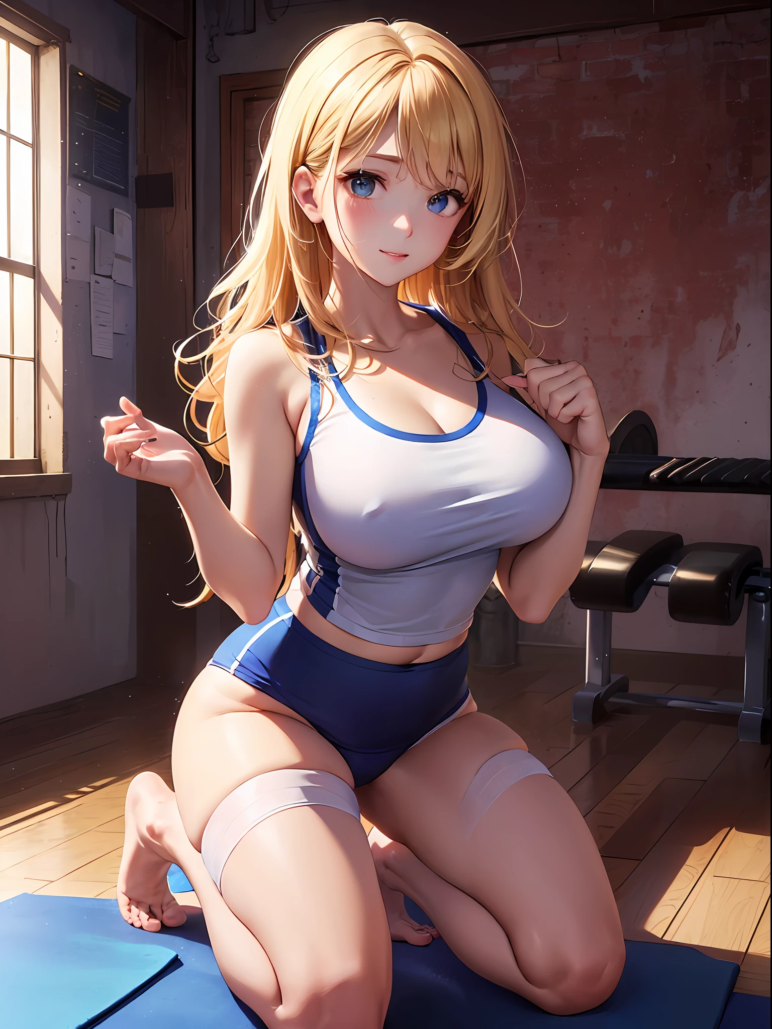 (top-quality: 1.3)、(​masterpiece: 1.3)、(The ultra-detailliert: 1.3)、(wall-paper, one girls)、([Diamonds: 1.3|The eye]:1.2)、(Perfect white gym clothes and dark blue bloomers:1.5)、(blondehair:1.3)、Medium Hair、waved hair、(Beautiful Large Breasts:1.3)、school classrooms、ssmile、sexypose、Kneeling、(Raw feet:1.4)