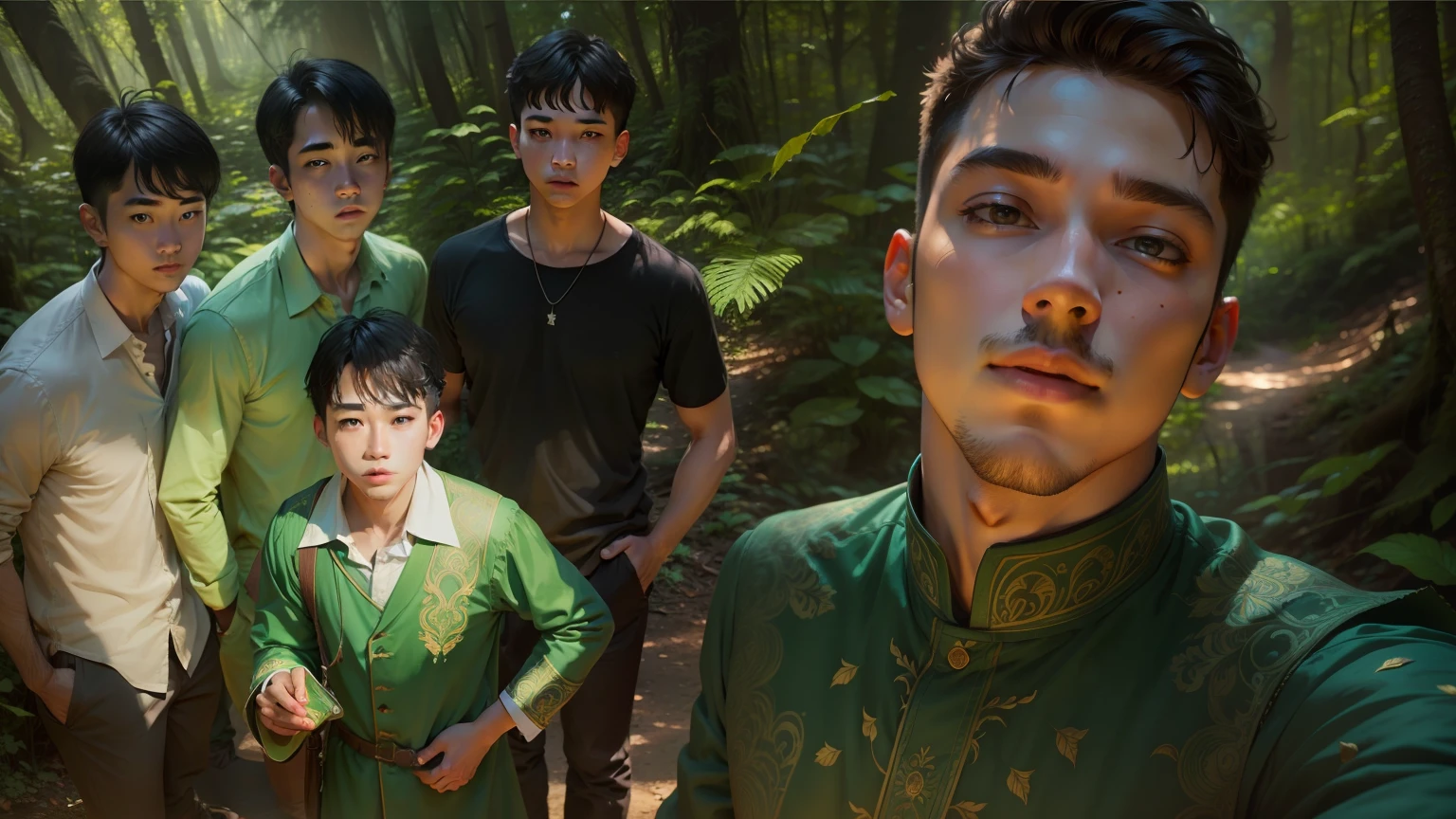 forest in the background, perfect quality, clear focus, colorful, perfect face, intricate details, ultra-low viewing angle, wide angle lens, all boys