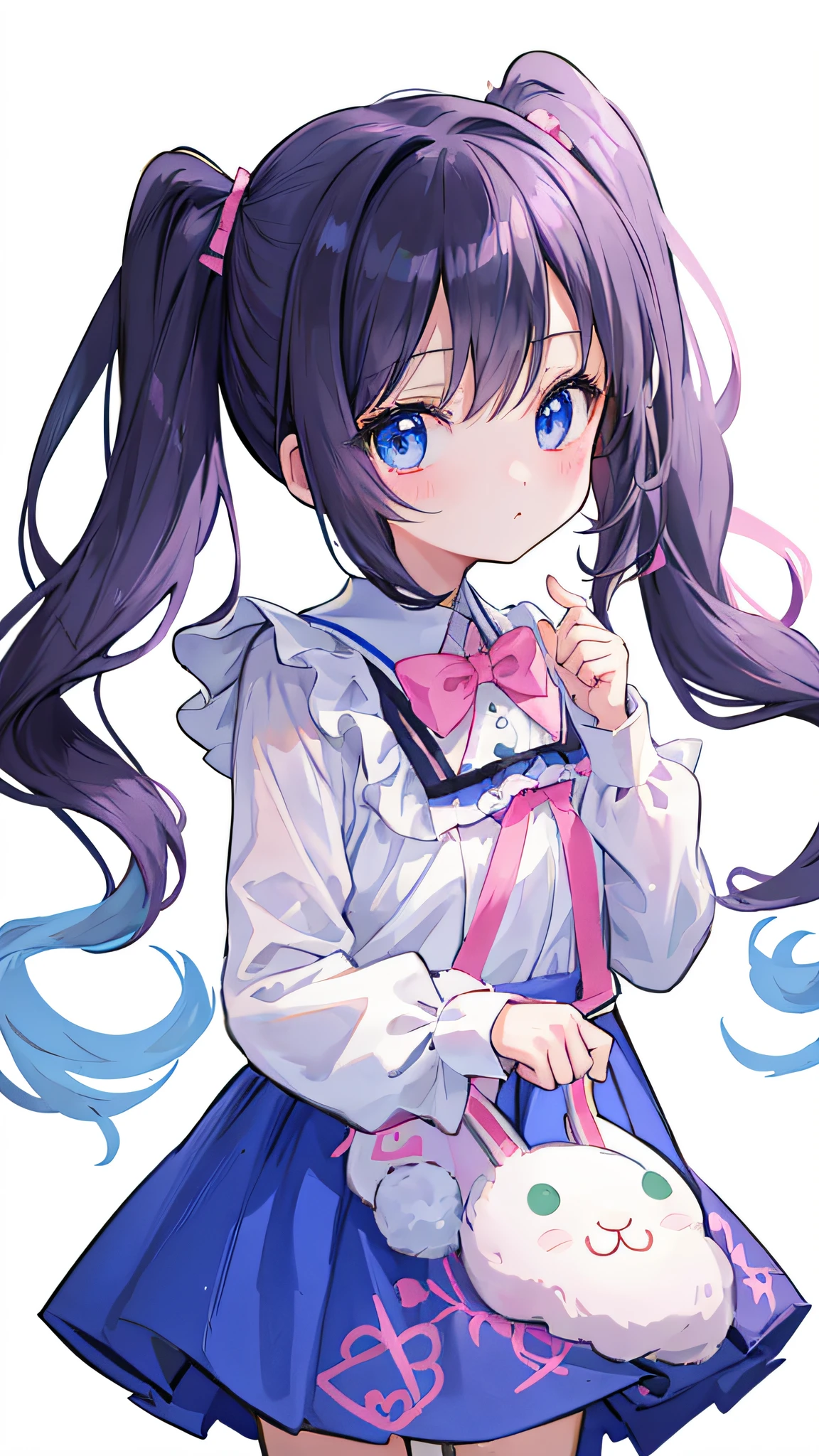 Beautiful illustration、top-quality、Cute little girl s、simple background、PastelColors、小柄、Twin tails with pink and black hair、Rabbit badge、Bright lighting、pale blue eyes
