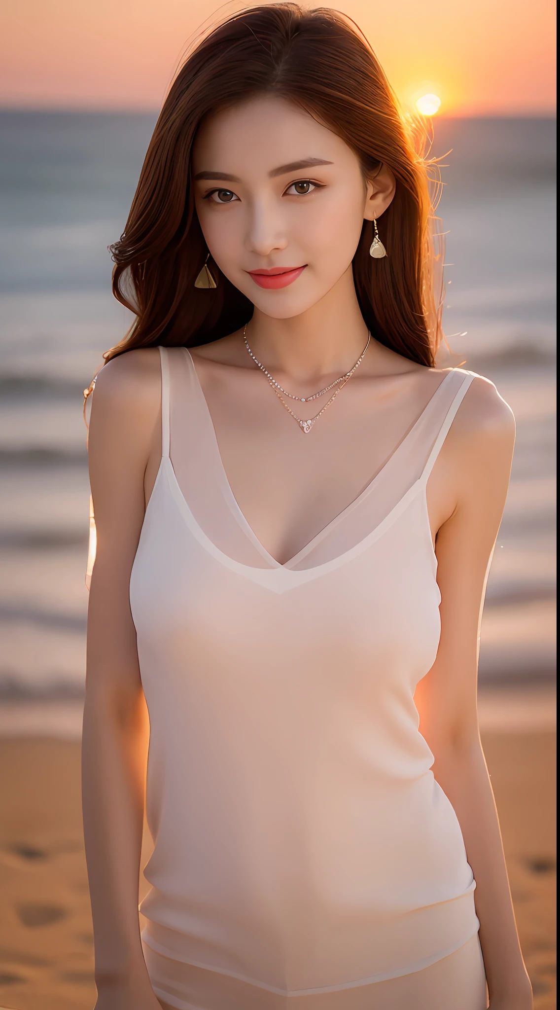 She has bright and reverent eyes，The eyebrows are slender and elegant，The slightly curved brow shape exudes confidence and charm。Her nose is small and three-dimensional，It matches the shape of her face perfectly。Her lips were rosy and plump，The slightly upturned corners of her mouth reveal that she often wears a sweet smile。Not only that，She also has bright and healthy hair。Thick hair is smooth，She is slender and well-proportioned，It has beautiful curves and moderate muscle lines。She has a slender waist，The breasts are large but not exposed：1.1，Make her figure more attractive。A high resolution：1.3），random hair style， Super fine face and eyes，Wearing necklaces and earrings，Wear crewneck clothes in random styles and colors，Only the collarbone is exposed, Not the chest：1.5， Hit in a random pose， Beautiful sunset on the beach, Anatomically normal，Glow particle effect，