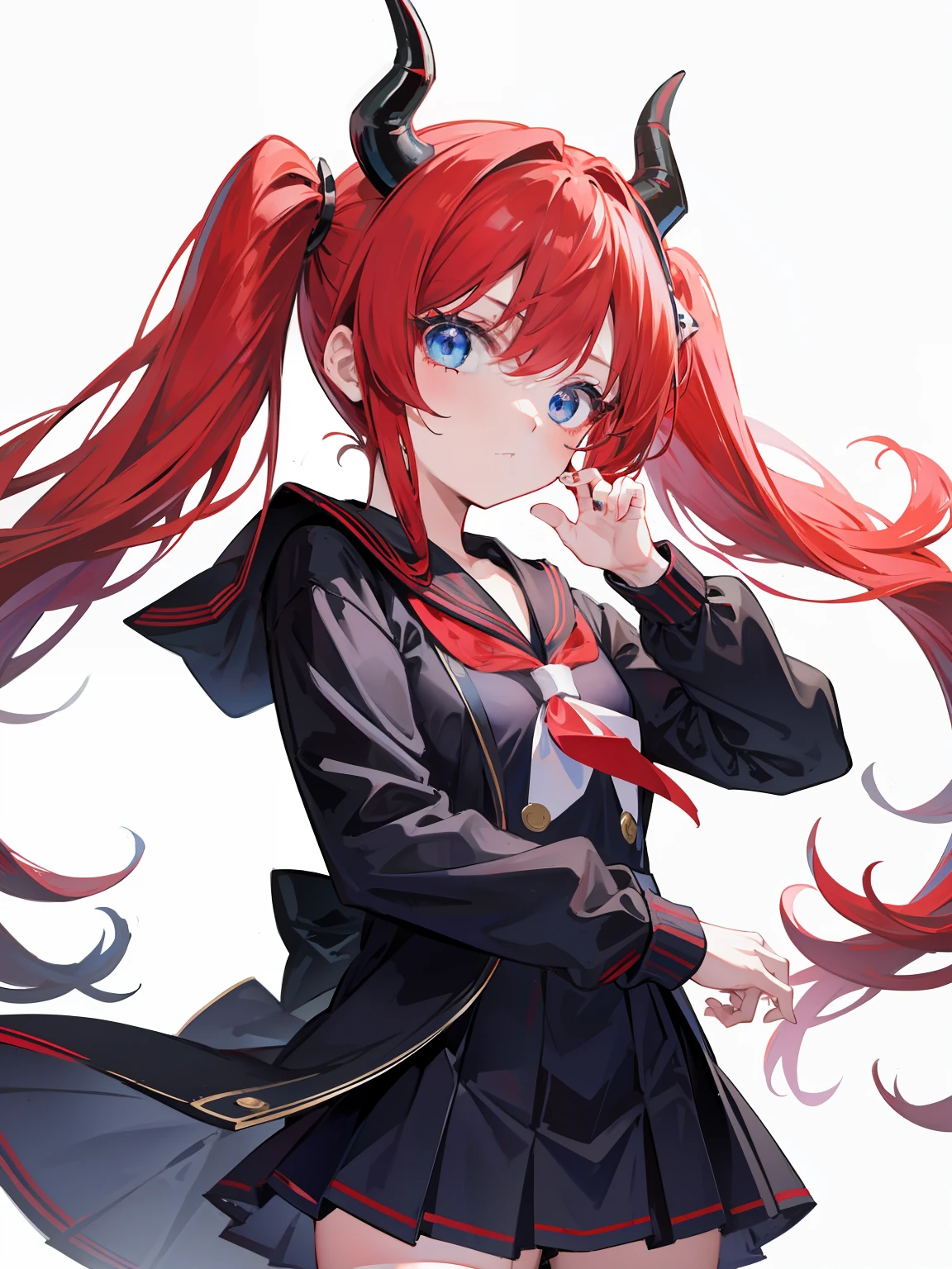 red hair, blue eyes, twintails, Sailor suit,black coat, Dragon horns,Pleated skirt,solo,li,cute,bow