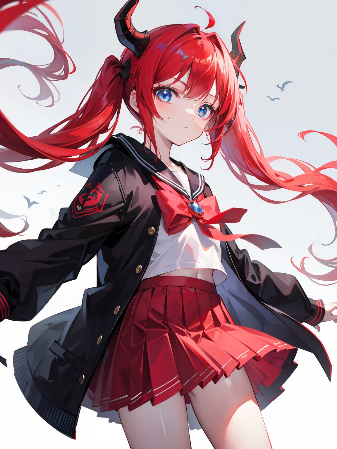 red hair, blue eyes, twintails, Sailor suit,coat, Dragon horns,Pleated skirt,solo