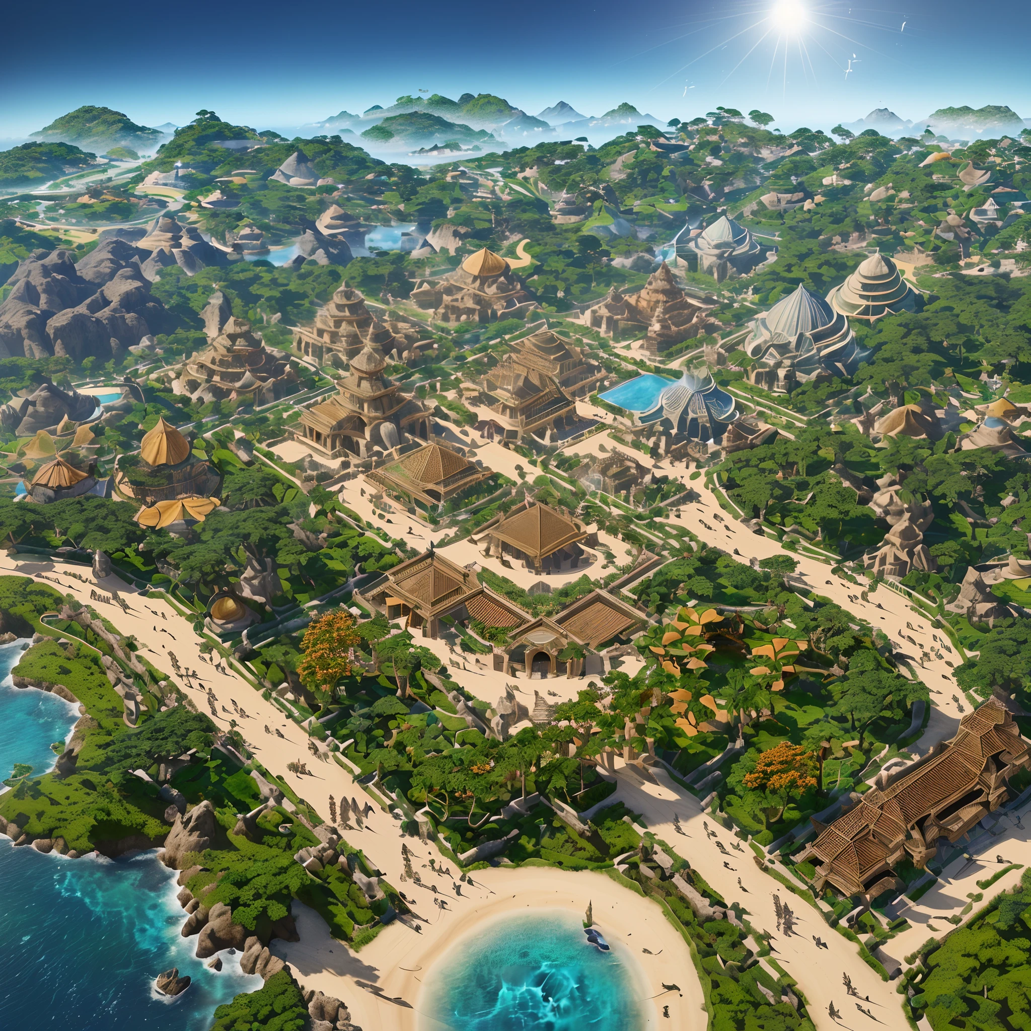 obra prima, architectural design, melhor qualidade, texturas detalhadas, Ambiente imersivo, lifelike lighting, FLora exuberante, fauna diversificada, geometrical forms, isometric perspective, mapa de jogo iterativo, Civilization in the background