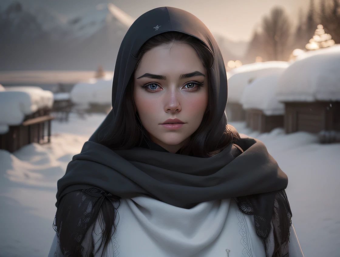 ((Best quality)), ((Masterpiece)), (Highly detailed),(beautiful face), (beautiful woman), keep the idea and shapes, just paint it, Beautiful woman, young, with Russian face (serious expression) , light blue eyes, black hair, fair skin, thin lips, wears a black hood, made of wool, that covers her head up to her shoulders, a robe, gray cloth, the background, a snowy steppe, with some trees with snow , the sky is white, cloudy, the light is dim, half-length image, front view.