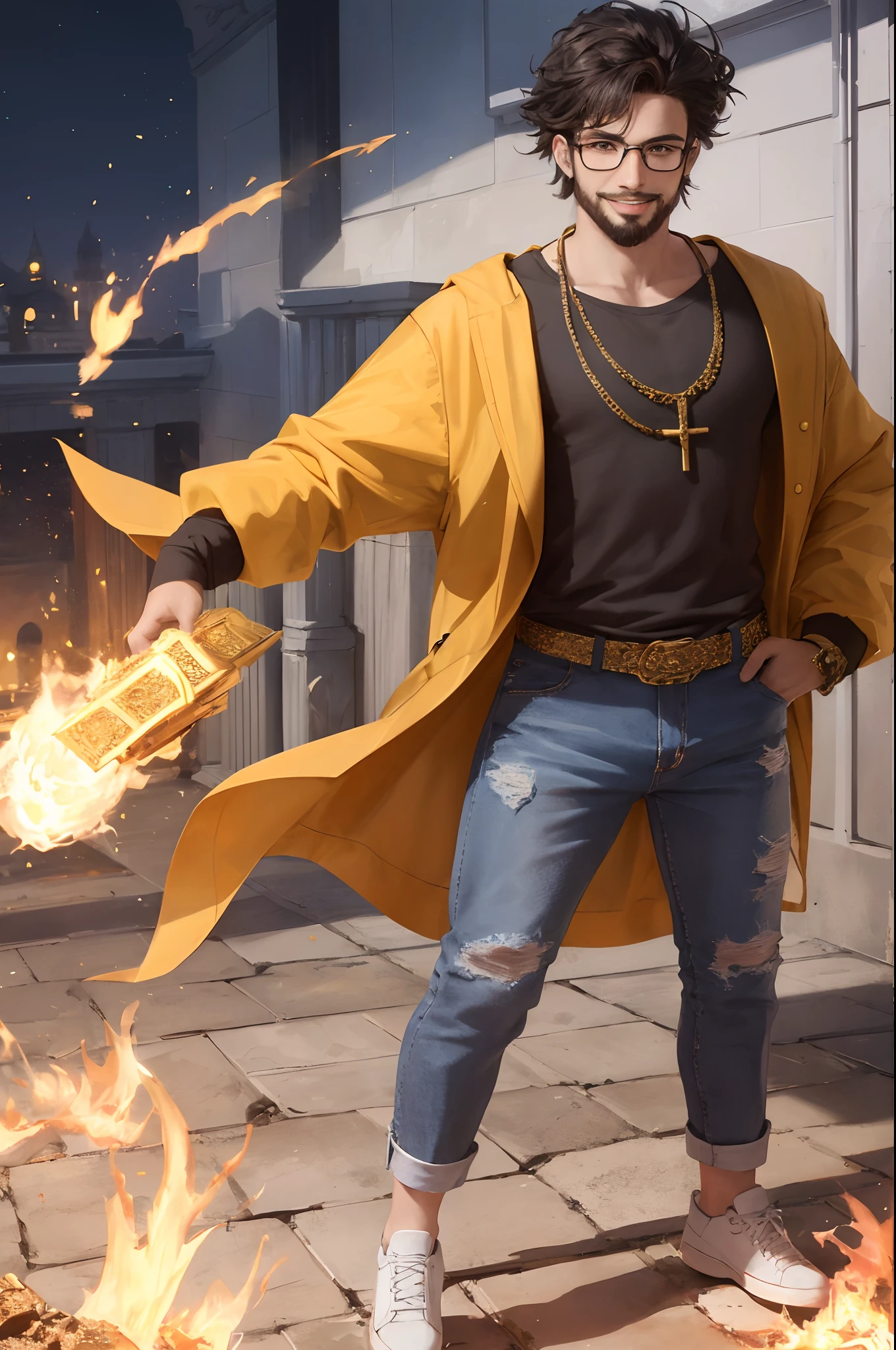 high definition, portrait style, full body, action pose, holding a book(cover made of jade with gold pages) in left hand, holding pen(made of emerald detailed in gold) in right hand, with mustard yellow jacket (open), Shirt (white), wearing pants (blue jeans), with shoes (model "All Stars"), a chain hanging around the waist (silver with fine carving), wearing glasses (silver with rectangular lenses), teenager, facial hair, short hair, black hair, spontaneous smile(white teeth), magic portal, feudal castle, feudal environment, flying monsters on fire, thinness, rpg.