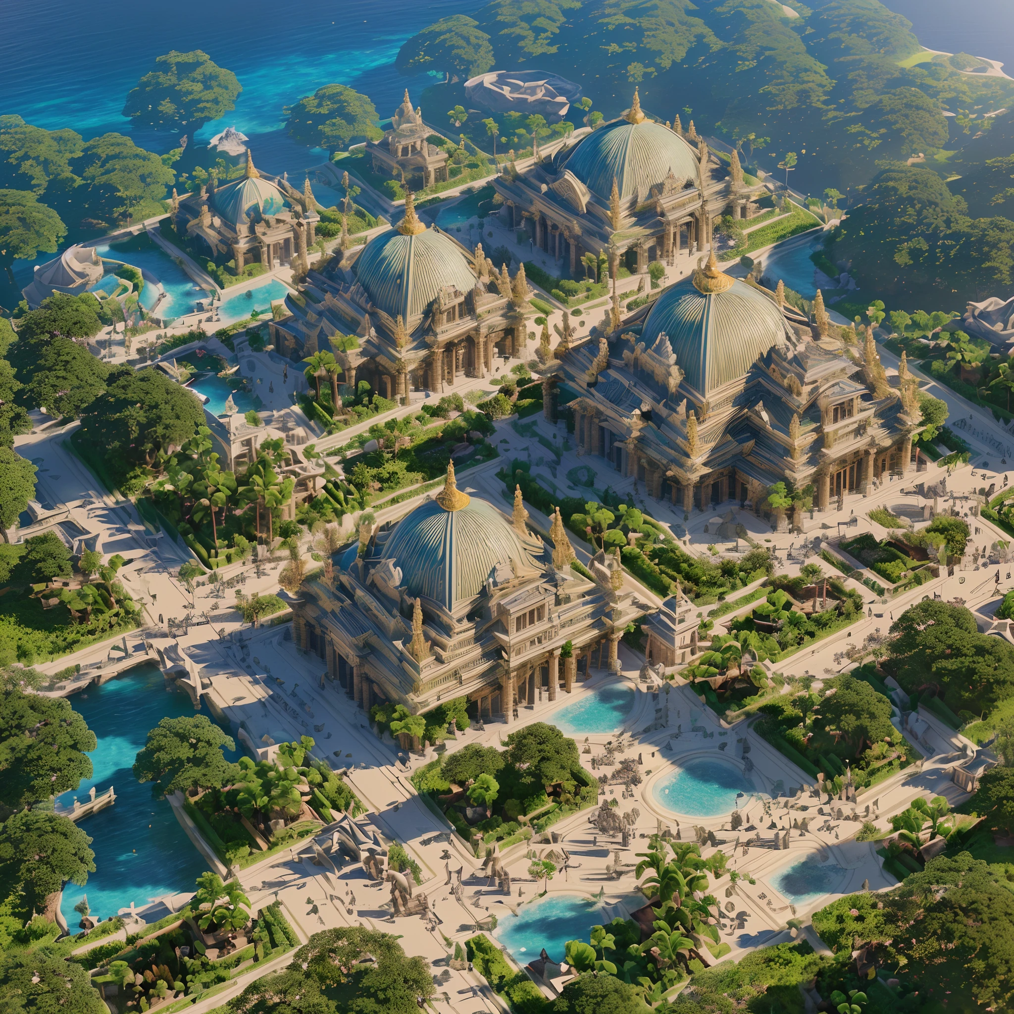 obra prima, architectural design, melhor qualidade, texturas detalhadas, Ambiente imersivo, lifelike lighting, FLora exuberante, fauna diversificada, geometrical forms, isometric perspective, mapa de jogo iterativo, Civilization in the background