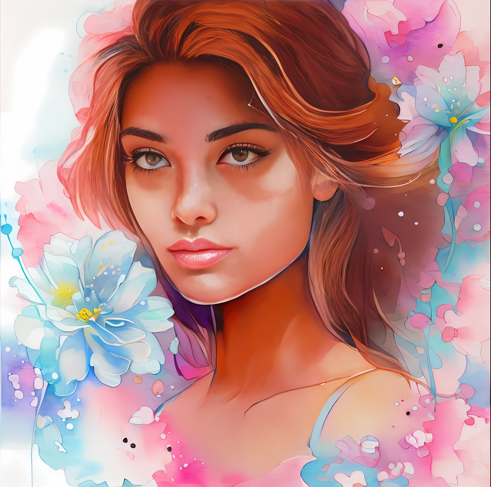 uma pintura de uma mulher morena clara com olhos castanhos escuros extremamente lindos e atraentes, com flores no cabelo, exquisite digital illustration, aquarela artstyle, pintura digital em aquarela, a beautiful artwork illustration, estilo aquarela, linda arte digital linda, watercolor illustration style, pintura colorida em aquarela, arte em aquarela, Arte bonita UHD 4K, estilo de pintura em aquarela, bela arte digital, lindo arte digital, pintura de bonito, Beautiful digital illustration