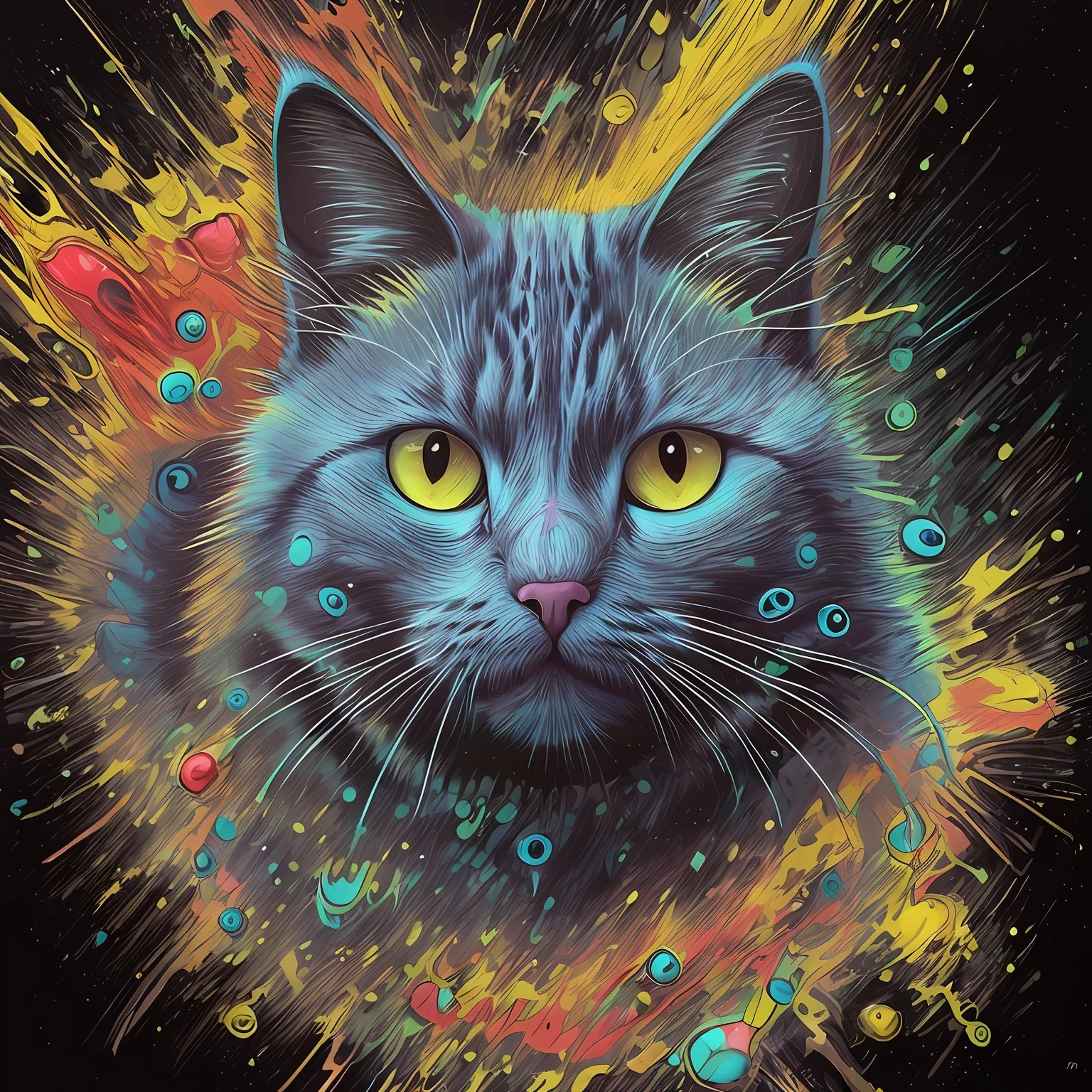 um gato com olhos amarelos brilhantes e um fundo splaty colorido, liquid cat, Arte de Alessandro Pautasso, Fluffy Cat T - Design de camisa, pintura detalhada 4K, Gato. pintura digital, respingo de cor, design do gato, artistic 4 k, uma pintura de um gato, awesome cat, Arte digital detalhada em 4k, Jen Bartel, Gatos Neon bonitos