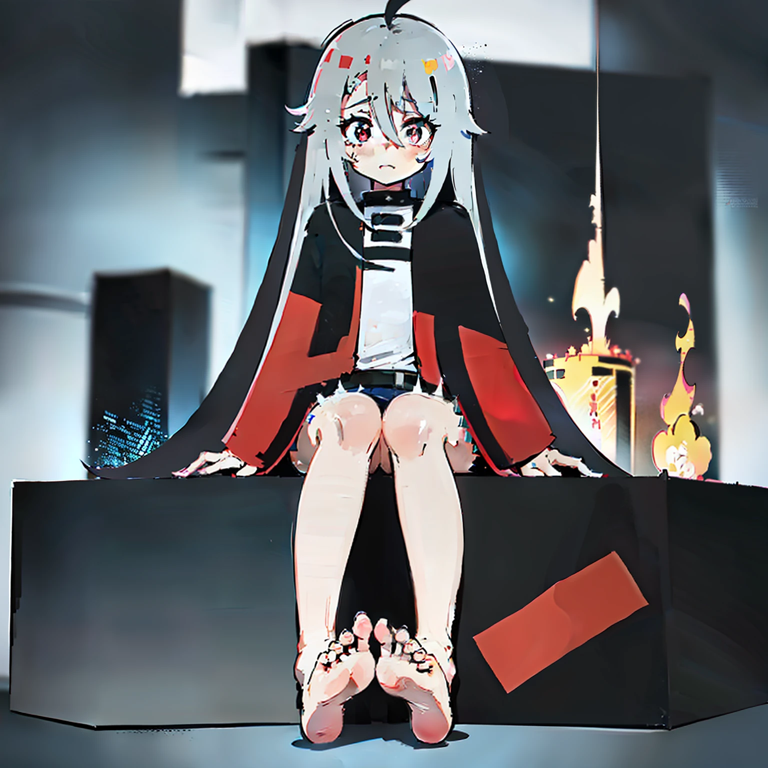 quadratic element，white long straight hair，red pupils，Loli，Fourteen years old，a black trench coat，The barefoot，no headwear，The soles of the feet are aligned with the screen，Be tickled，Sitting on a gray roof, overcast day，anime style cityscape, modern anime style，Anime moe art style