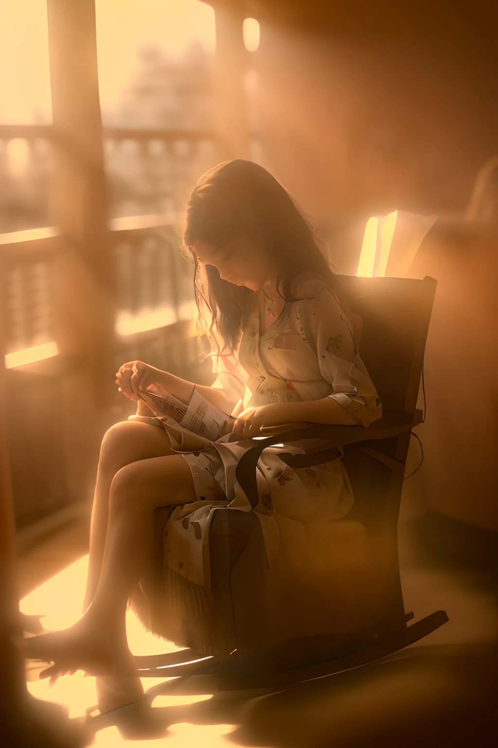 Irish pretty(Goddess Girl 1/3)Close-up of sitting in a rocking chair during a soft sunset Messy hair on vest and south porch with firefly dust and porch lights Dramatic light and shadow on a humid summer evening Patterns on the skin Sally Man's style in color nostalgia