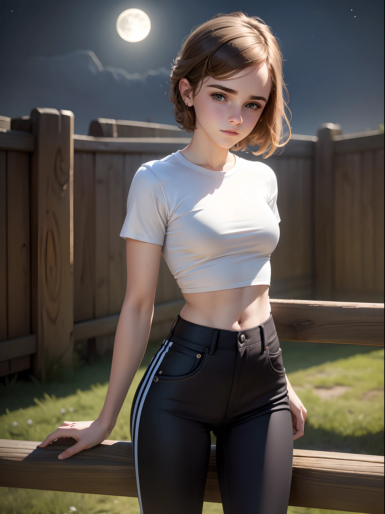 emma watson dressed in tight work pants, crop work shirt. leaning on a fence. background moon.
