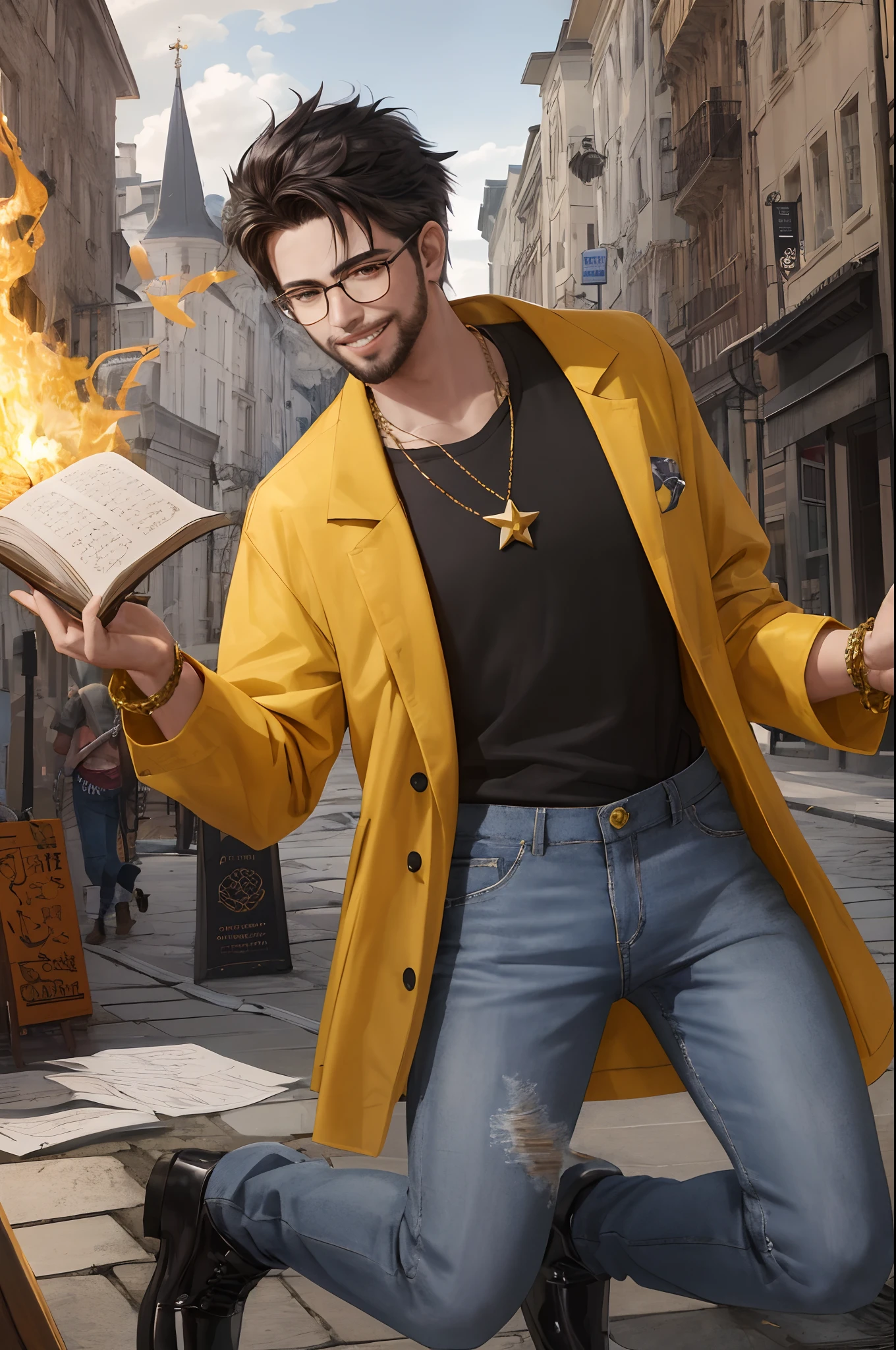 high definition, portrait style, full body, action pose, holding a book(cover made of jade with gold pages) in left hand, holding pen(made of emerald detailed in gold) in right hand, with mustard yellow jacket (open), Shirt (white), wearing pants (blue jeans), with shoes (model "All Stars"), a chain hanging around the waist (silver with fine carving), wearing glasses (silver with rectangular lenses), teenager, facial hair, short hair, black hair, spontaneous smile(white teeth), magic portal, feudal castle, feudal environment, flying monsters on fire, thinness, rpg.