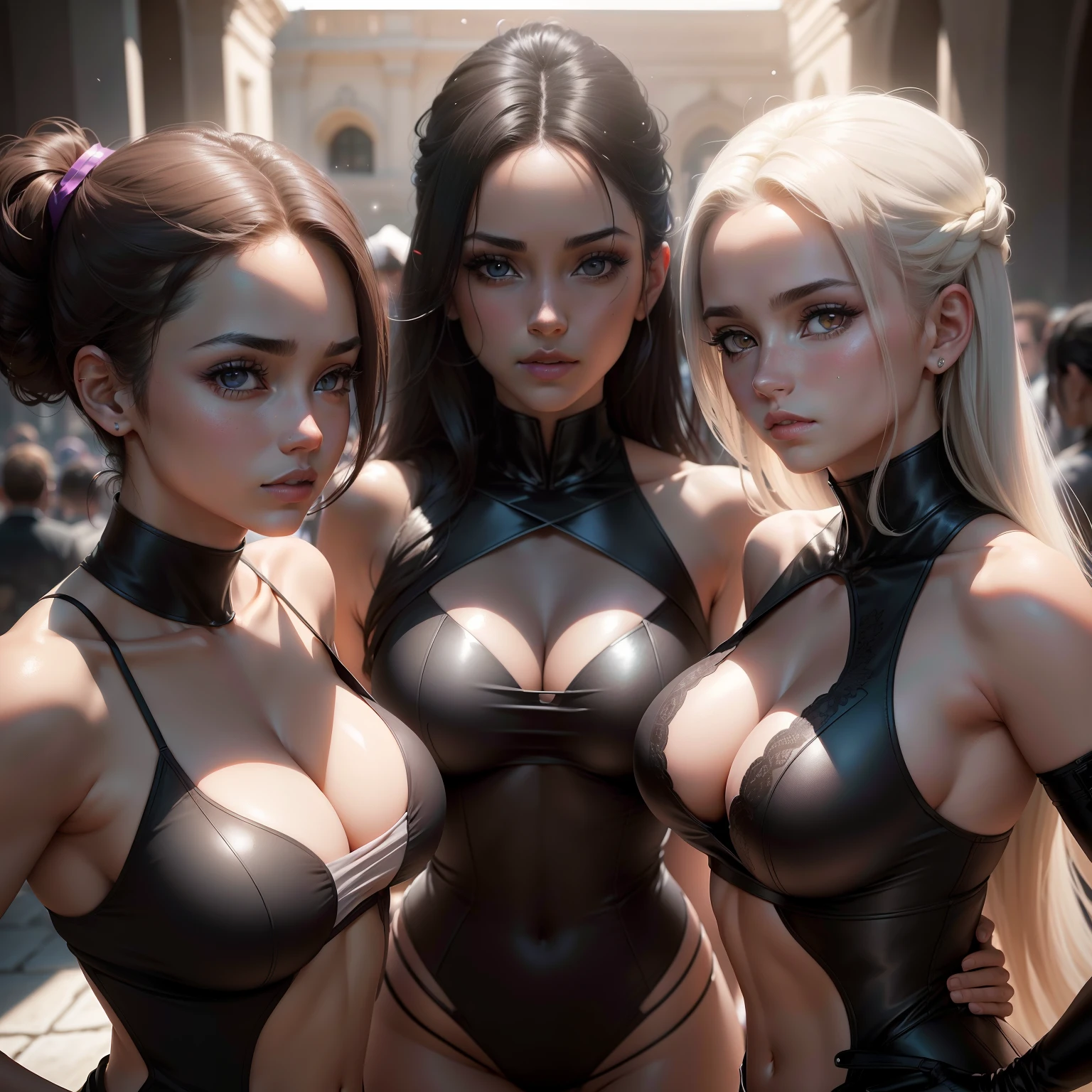 (((Obra maestra))), 4k verdadero, Altamente detallado, (((Ojos extremadamente detallados))), Antecedentes detallados, cinematic lighting, Ojos cristalinos, alta calidad, Altas Resoluciones, Ultra detallado, 8k, La mejor calidad, 1girl, solamente, sombra, Contre-Jour, light particles, thick eyelashes, Manga ancha, muslos gruesos, (Obra maestra:1.3), (The best quality:1.2), (super fine illustrations:1.2), (Obra maestra), alta calidad, High detail,(solamente:1.4), 3 chicas en fila