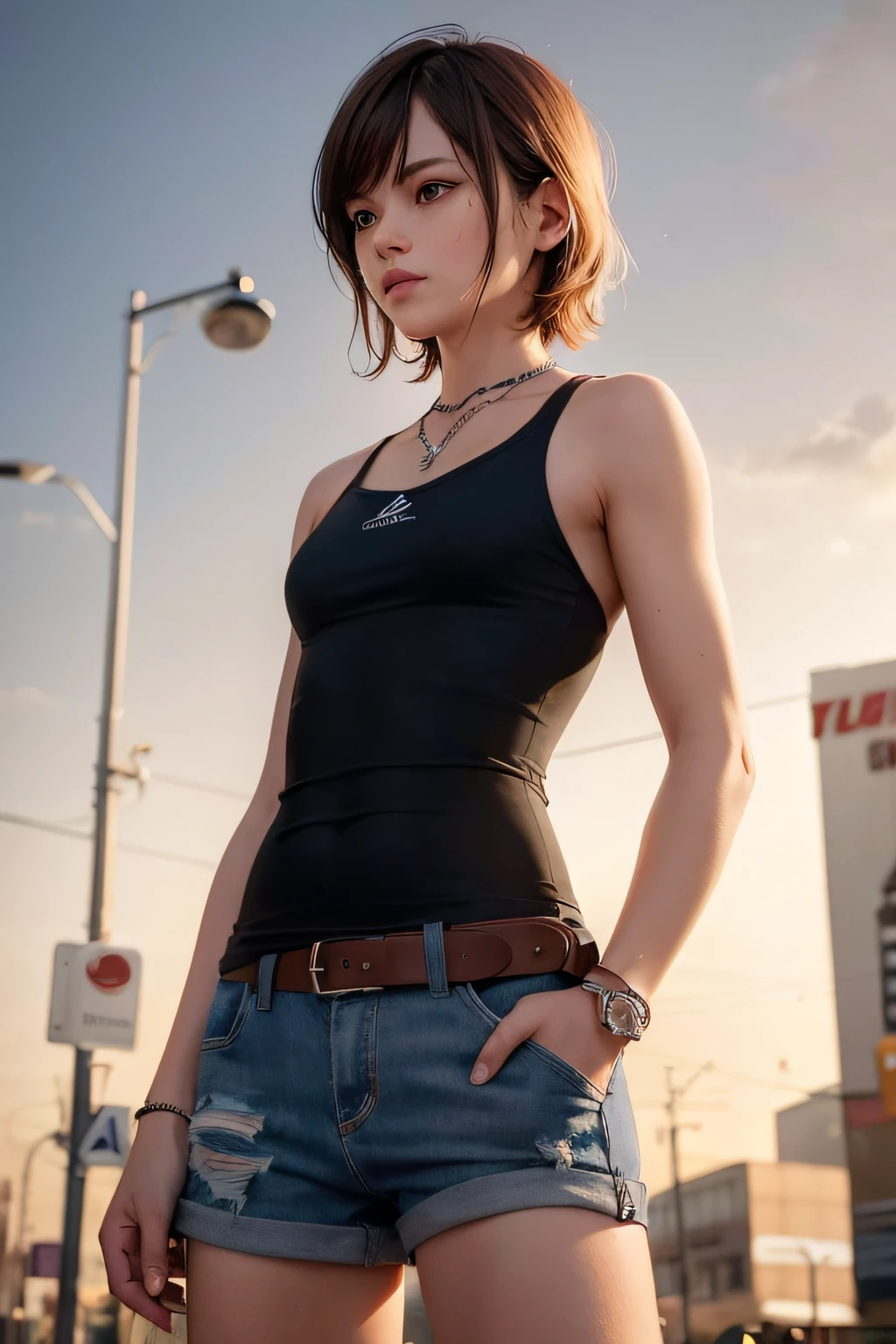 ((medium breast, tomboy girls, small head)), daylight, sunlight, (chiseled abs : 1.1), (perfect body : 1.1), (short wavy hair : 1.2) , auburn hair, collar, chain, full body shot, crowded street, wearing black tanktop, jeans jacket, ((shorts)), (extremely detailed CG 8k wallpaper), (an extremely delicate and beautiful), (masterpiece), (best quality:1.0), (ultra highres:1.0),  beautiful lighting ,perfect lightning, realistic shadows, [highres], detailed skin, ultra-detailed