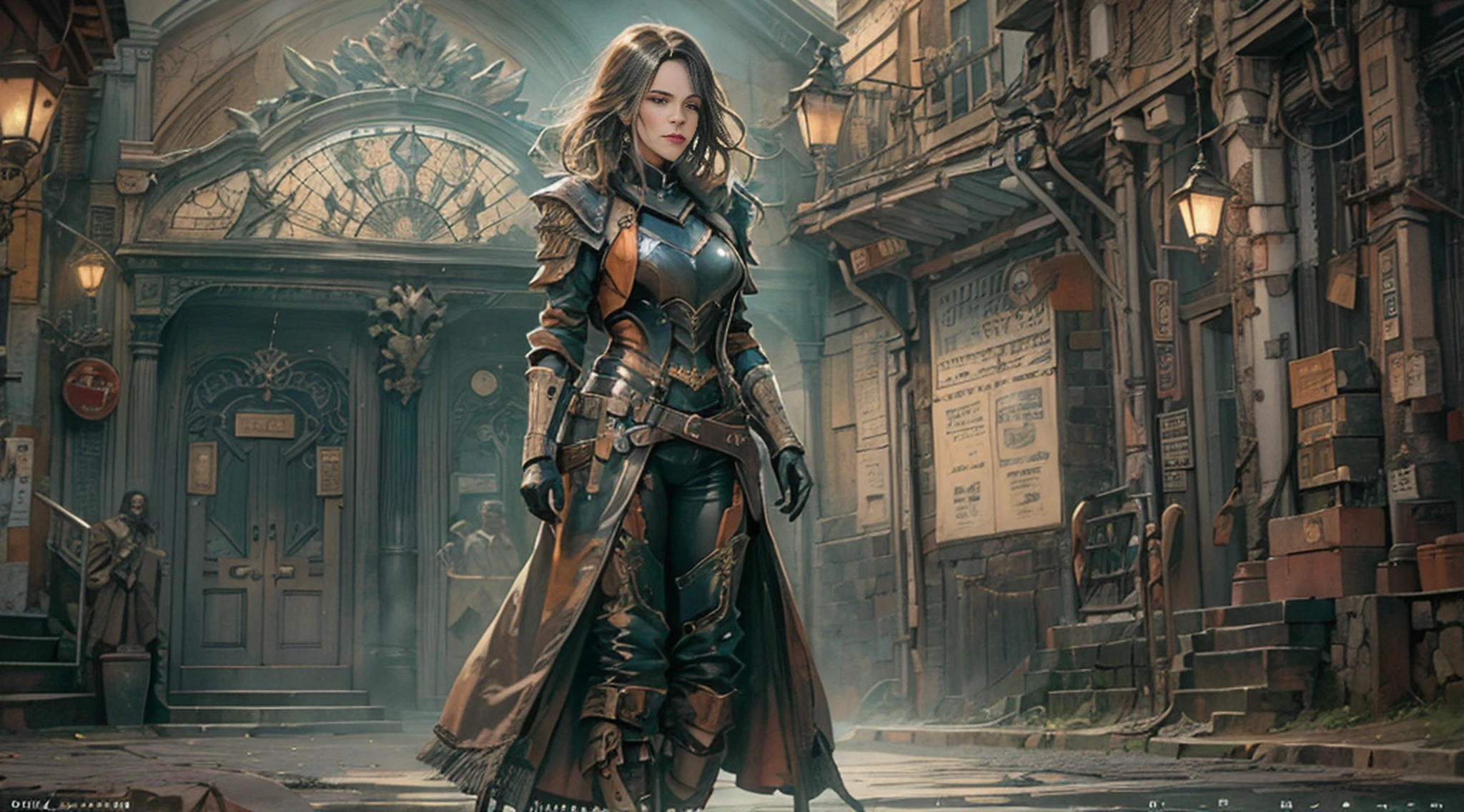 1 female full body, ((Kate Beckinsale)), in a witch hunter style outfit, [Tauromaquia: 1.8], roupas steampunk vitorianas, (((leather breastplate))), ((quadro de filme ainda) ) , a steampunk city in the background Cinematic, textura natural da pele, 24 mm, Texturas 4k, soft  Cinematic Light, Adobe Lightroom, photolab, HDR, intrincado, elegante, altamente detalhado, foco nítido, (( (((cinematic look)) ), tons suaves, detalhes insanos, detalhes intrincados, hiper-detalhado, baixo contraste, soft  Cinematic Light, cores escuras, exposure blending, HDR, desbotado, slate atmosphere --auto