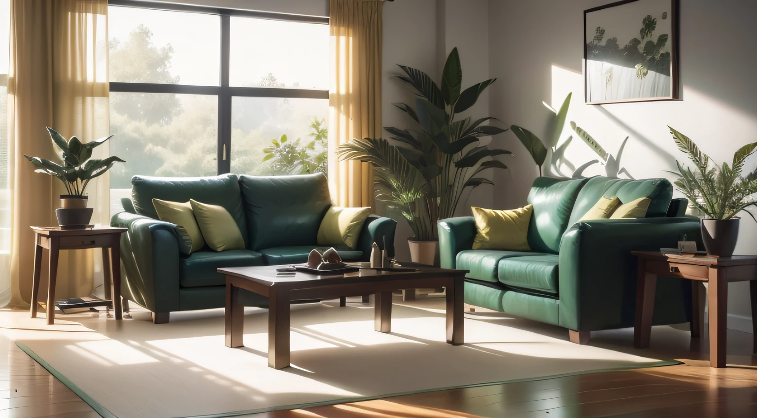 Bright and spacious living room with 20 tatami mats, white walls, Green carpet on flooring, A lot of lively houseplants, This chair looks like it's covered with moss, Warm sunlight through large windows, Realistic, photos realistic, cinematic photography, A hyper-realistic, Perfect Lighting, DSRL, professional photograpy, 4K