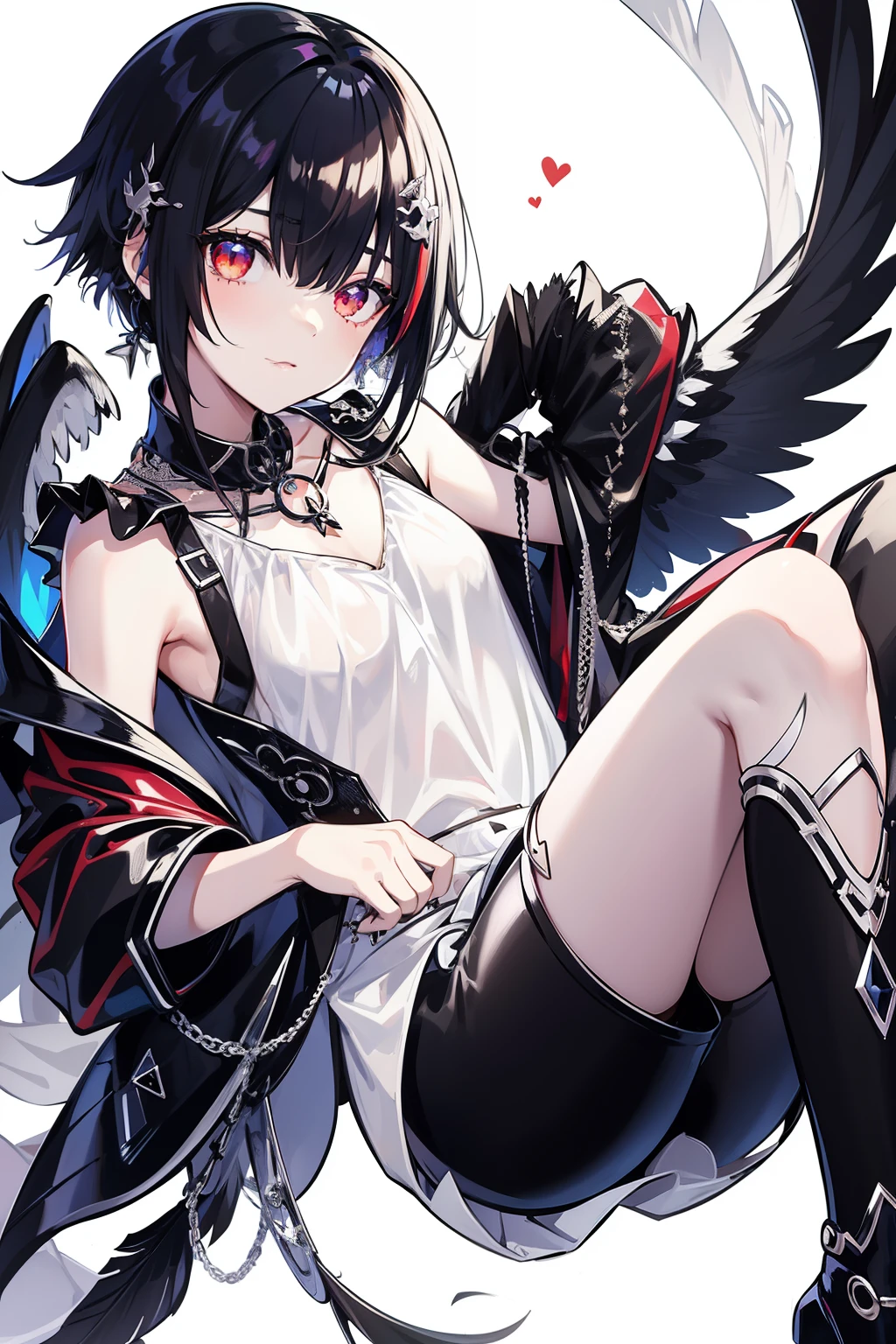 black and white maid outfit, cute dress, dress with rustles, volume on dress,((((masterpiece)))), colorful hair, (long hair),(((adult))) Lolita, shiny skin, shiny hair, hair ornament, black ribbon, small flat chest,shoulders, visible through hair, hairs between eyes, cute, highlight hair, neck ring, solo, fantasy, Gradient hair, white hair, sea of sakura, leg, full body, one side up, see-through lens, apathy, red moon, city, black silk stockings, black light on back, black angel wings on back, black Feather, flying, gemstone necklace, (black metallic wings ), Feather, flying, (((metallic gear ))), (combats), Mecha, night, (metallic bodysuit), (iron wings), white hair, red eyes