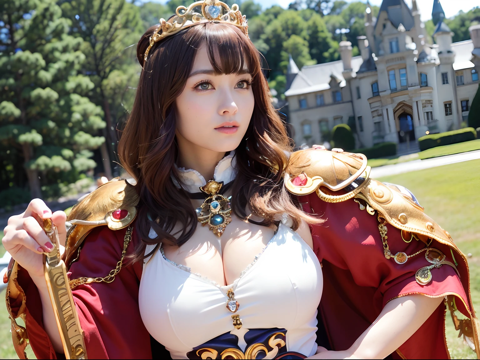 (masutepiece), Professional , masterpiece、top-quality、photos realistic , depth of fields (Gemstone Silver Metal Body:1.9),(Matte White、Jewel Gold Weapon、(Gorgeous castle background)、(ultimate beauty girl)、(Jewel Metal Body:1.4),Gorgeous Jewel Metal Weapons , Detailed Sword of the Brave ,( Soldier background in metal armor) ,warhammer 40k , adepta sororitas,Detail and ornate jewel crown、独奏、Brown hair、(Gangle's forest background)、Beautiful Caucasian beauty、1a person、dynamic ungle,(((Diamond tiara with detail and luxury)))、a small face、A smile、Powerful poses、(Gorgeous castle background)、huge filesize、20 year old beautiful woman、Stand in the center of the screen、Thin female fingers、Straight long hair、Beautiful Caucasian beauty、