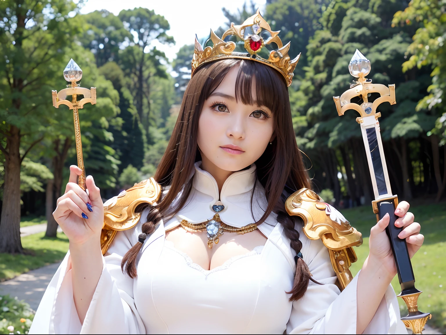 (masutepiece), Professional , masterpiece、top-quality、photos realistic , depth of fields (Gemstone Silver Metal Body:1.9),(Matte White、Jewel Gold Weapon、(Gorgeous castle background)、(ultimate beauty girl)、(Jewel Metal Body:1.4),Gorgeous Jewel Metal Weapons , Detailed Sword of the Brave ,( Soldier background in metal armor) ,warhammer 40k , adepta sororitas,Detail and ornate jewel crown、独奏、Brown hair、(Gangle's forest background)、Beautiful Caucasian beauty、1a person、dynamic ungle,(((Diamond tiara with detail and luxury)))、a small face、A smile、Powerful poses、(Gorgeous castle background)、huge filesize、20 year old beautiful woman、Stand in the center of the screen、Thin female fingers、Straight long hair、Beautiful Caucasian beauty、