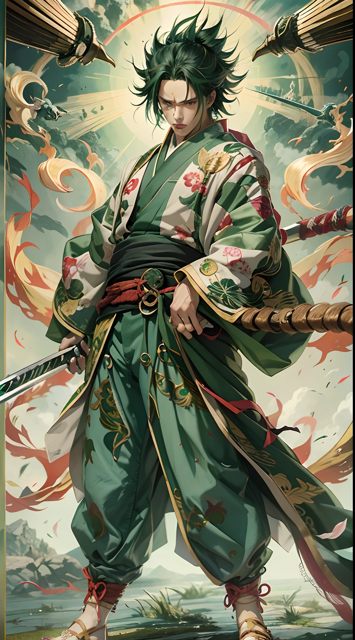 Personaje de anime con cabello verde con cicatriz en el ojo izquierdo sosteniendo 3 espadas 1 con la boca,kimono,japones,espadas legendarias japonesas,3 pendientes de oro, Roronoa Zoro, de una sola pieza, Ilustraciones HD, Chico guapo en el arte de Demon Slayer, Badass Anime 8K, Arte de Kentaro Miura, Okab Rintarou, Pixiv, advanced digital anime art ”, Fanart de alta calidad, Fan Art, por Shitao, Kakyoin