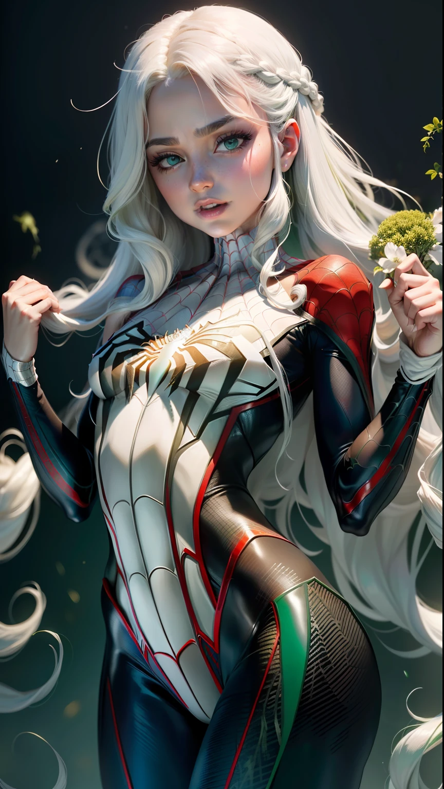 "((best quality,best ilumination)), Cute model with long white hair and athletic body, abdomen detalhado (((vestindo a SPIDER-MAN))), seios acentuados e destacados, dynamic pose, fundo colorido, high saturation, luzes vibrantes." corpo inteiro (((Cabelo branco e verde))) ((detailed hands)) (((25 anos)))