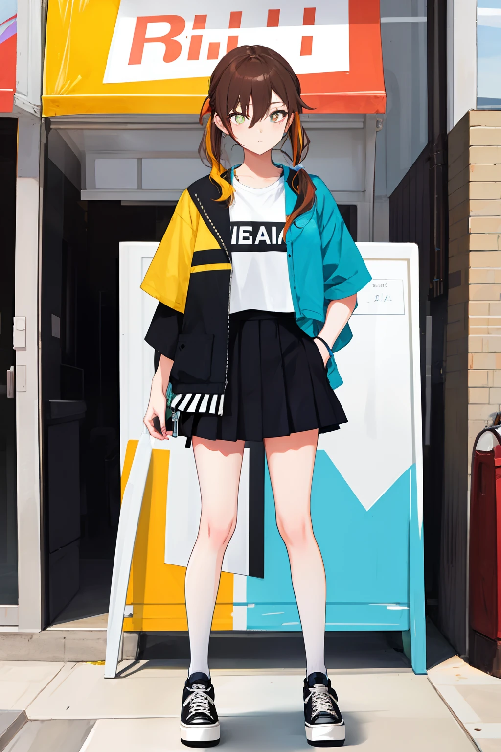 Kizi，short  skirt，stand posture，Short sleeve jacket，eye glass，Pure，pupils，brunette color hair，Pick dyeing，high ponytails，Board shoes，full bodyesbian，8k