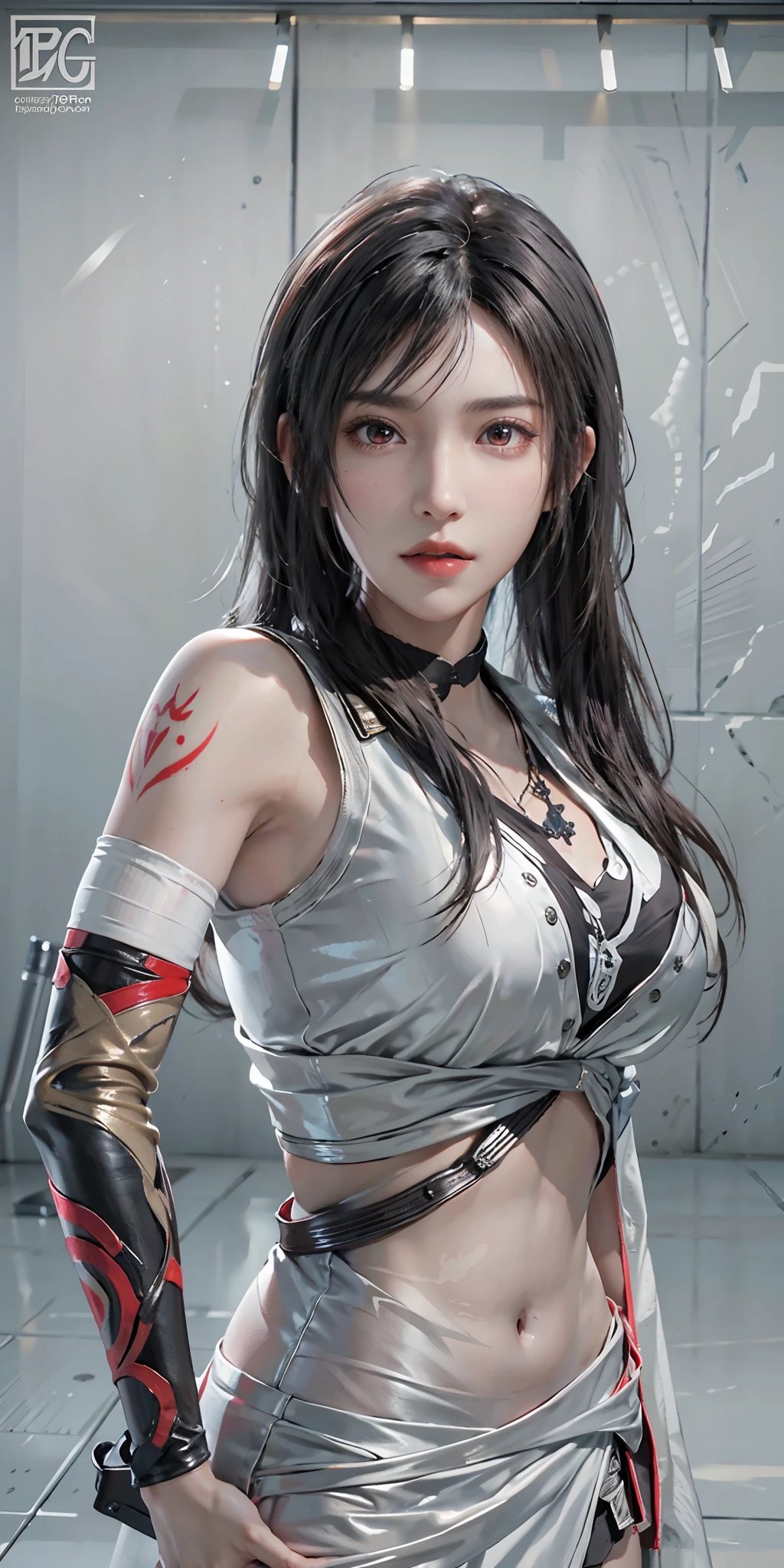 photorealistic, high resolution, soft light,1women, solo, hips up, (detailed face),tattoo, jewelry, tifa lockhart, red_eyes, black hair, long hair
