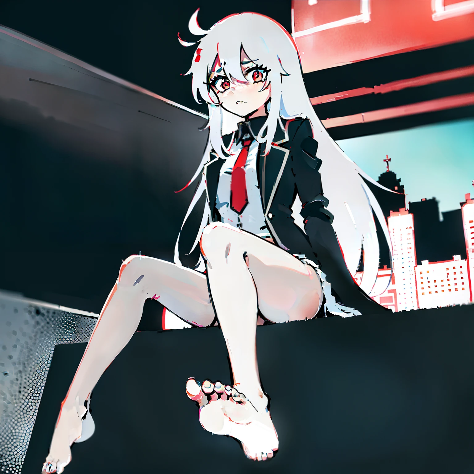 quadratic element，white long straight hair，red pupils，****，Fourteen years old，a black trench coat，The barefoot，no headwear，The soles of the feet are aligned with the screen，Be tickled，Sitting on a gray roof, overcast day，anime style cityscape, modern anime style，Anime moe art style