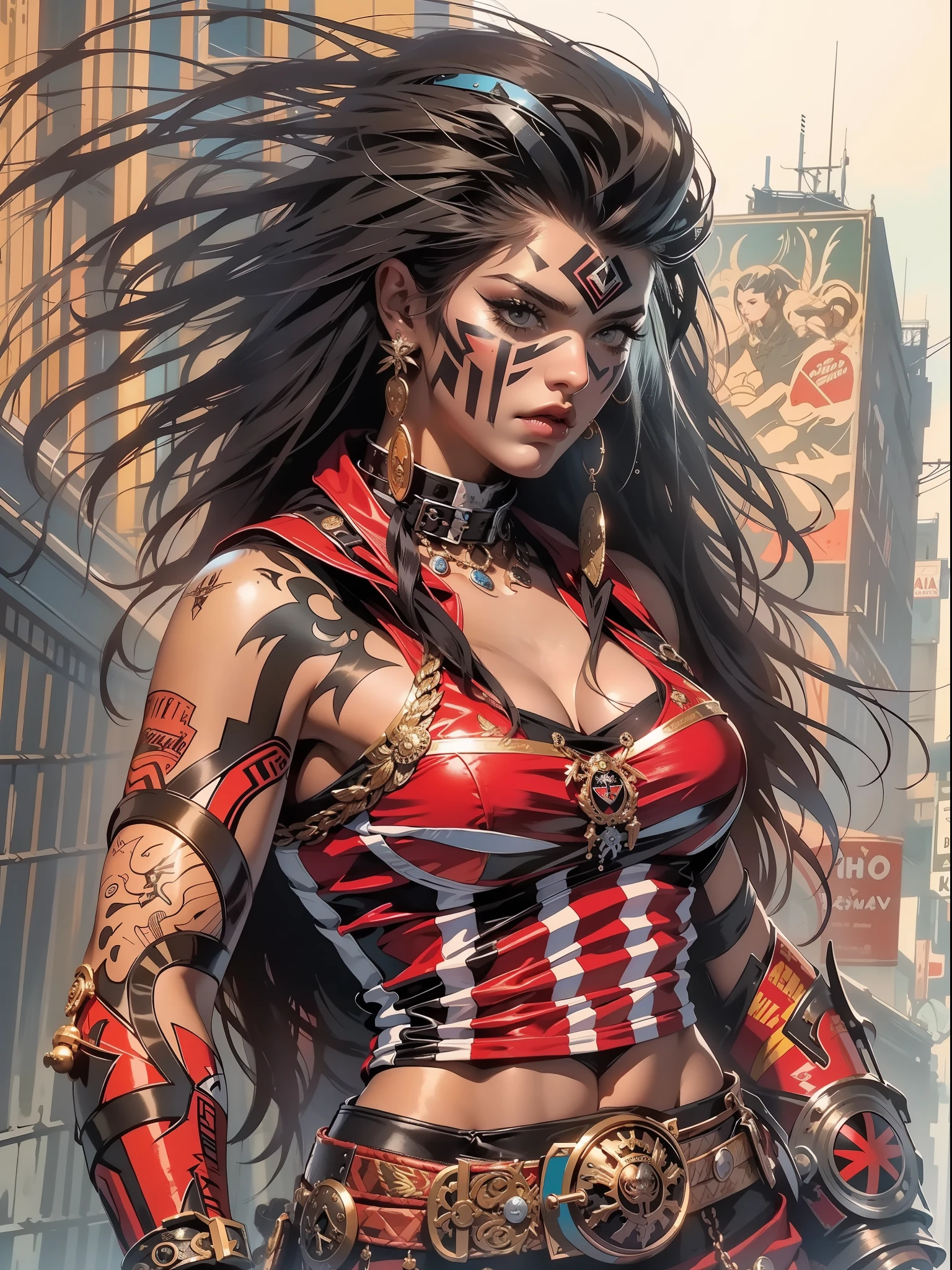 (((mulher))), (((melhor qualidade))), (((obra prima))), (((adulta))), Uma guerreira mulher de 35 anos com corpo perfeito, Brooklyn Gladiators, (( under boobs )), quase nua no estilo selvagem urbano de Simon Bisley para a capa da revista Heavy Metal, cabelo loiro, Minimum clothing, red and white checkered pattern, armadura, cheio de pontas e rebites, tatuagem tribal, (((do joelho pra cima))), cabelo desalinhado