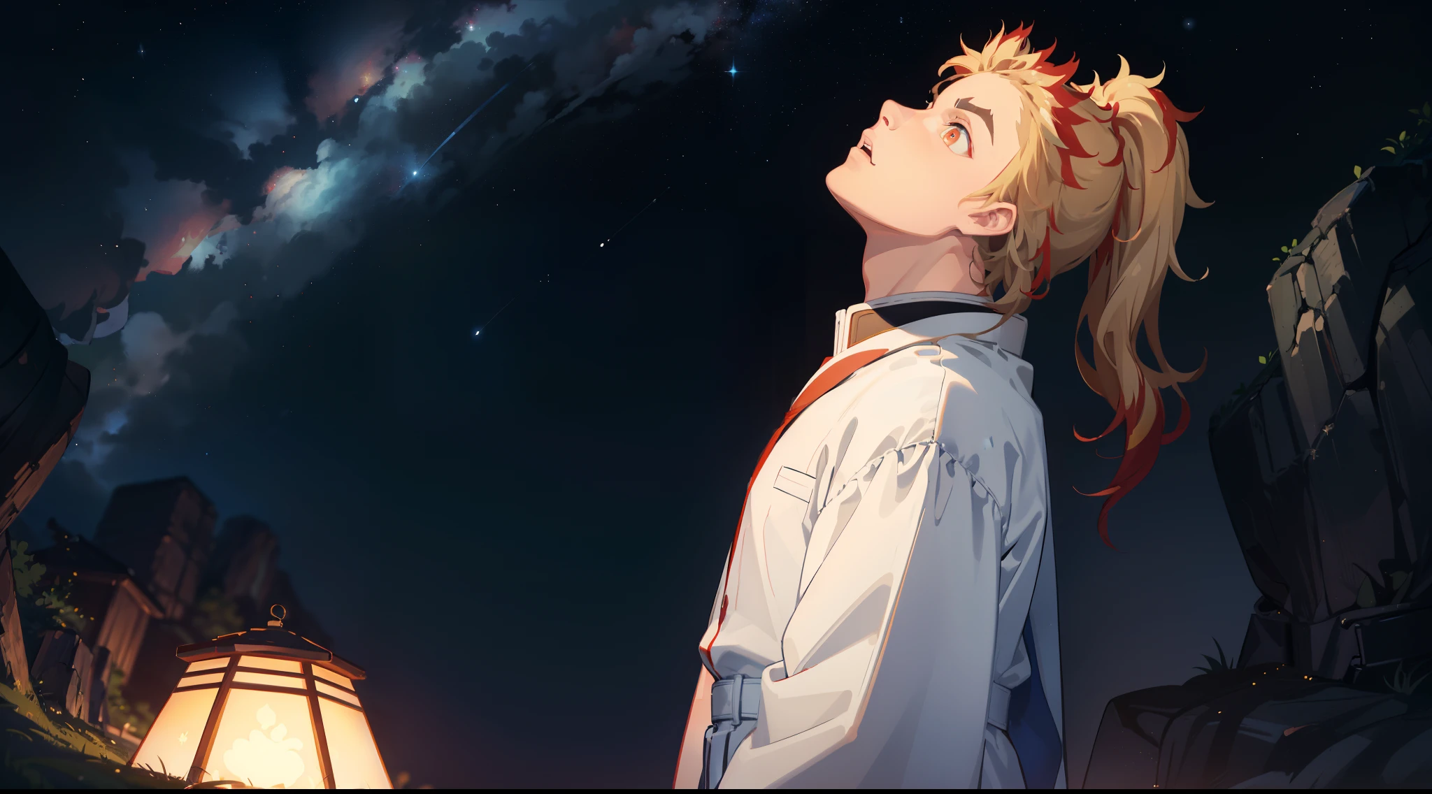 (Masterpiece, Best Quality:1.2), Cowboy shot, 独奏, male focus, 1 adult boy, Rengoku Kyojuro, ssmile, looking a viewer, Long hair, high ponytail, Split eyebrows, white kimono with red print, full length, (((looking up at the sky))), (((Starry sky))), flower field, With arms outstretched to the sides, 8k wall paper, super detaill