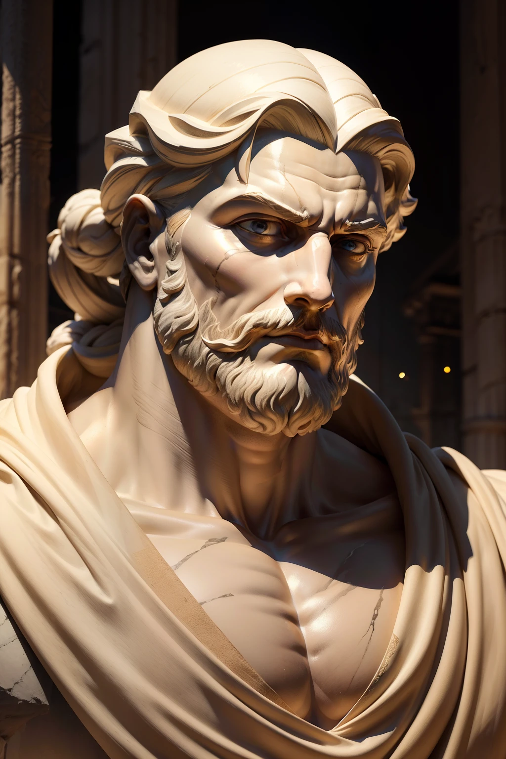 marble sculpture, stoicism, divine, rustic textures, high detailed, greek god, bald head, bearded, thoughtful, muscular, greek robes, greek architecture background, professional photography, close up, masterpiece, cinematic lights and shadows, increased contrast