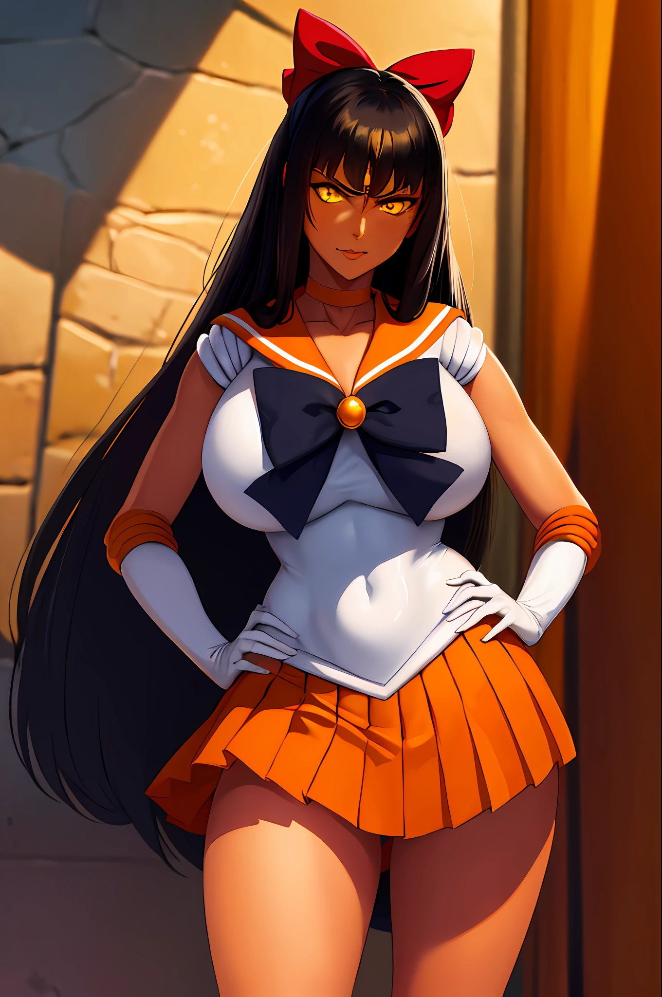 masterpiece, best quality, highres, sv1, sailor senshi uniform, orange skirt, elbow gloves, tiara, pleated skirt, miniskirt, red bow, orange choker, white gloves, jewelry, night, moon, cowboy shot, standing, hand on hip, smile, legend of queen opala, 1girl, osira (character), black hair, darkskinned female, yellow eyes, blunt bangs, big breasts, annoyed expression, looking at viewer