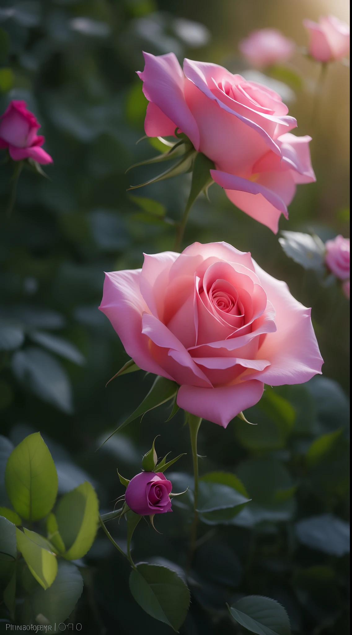 A pink rose grows among the bushes in the garden, Pink rose, roses in cinematic light, pink rosa, rose twining, photo of a rose, anna nikonova, with soft pink colors, photo taken with canon 5d, soft light 4 k in pink, taken with a pentax k1000, Incredibly beautiful, melanchonic rose soft light